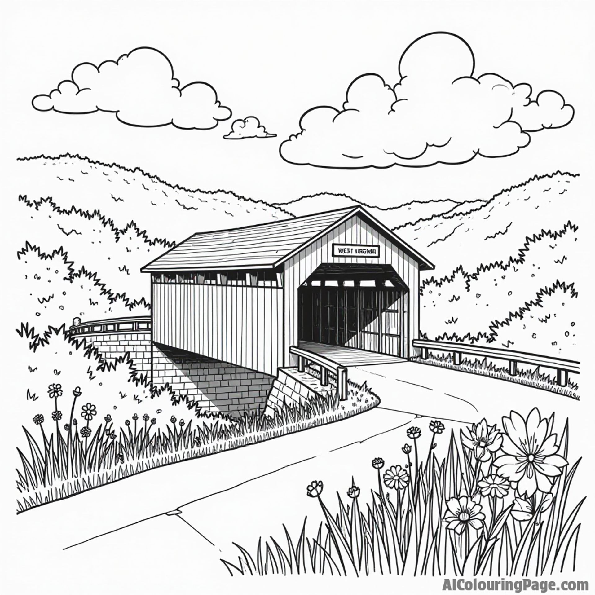 A charming covered bridge surrounded by wildflowers and rolling hills in West Virginia for kids to color and enjoy