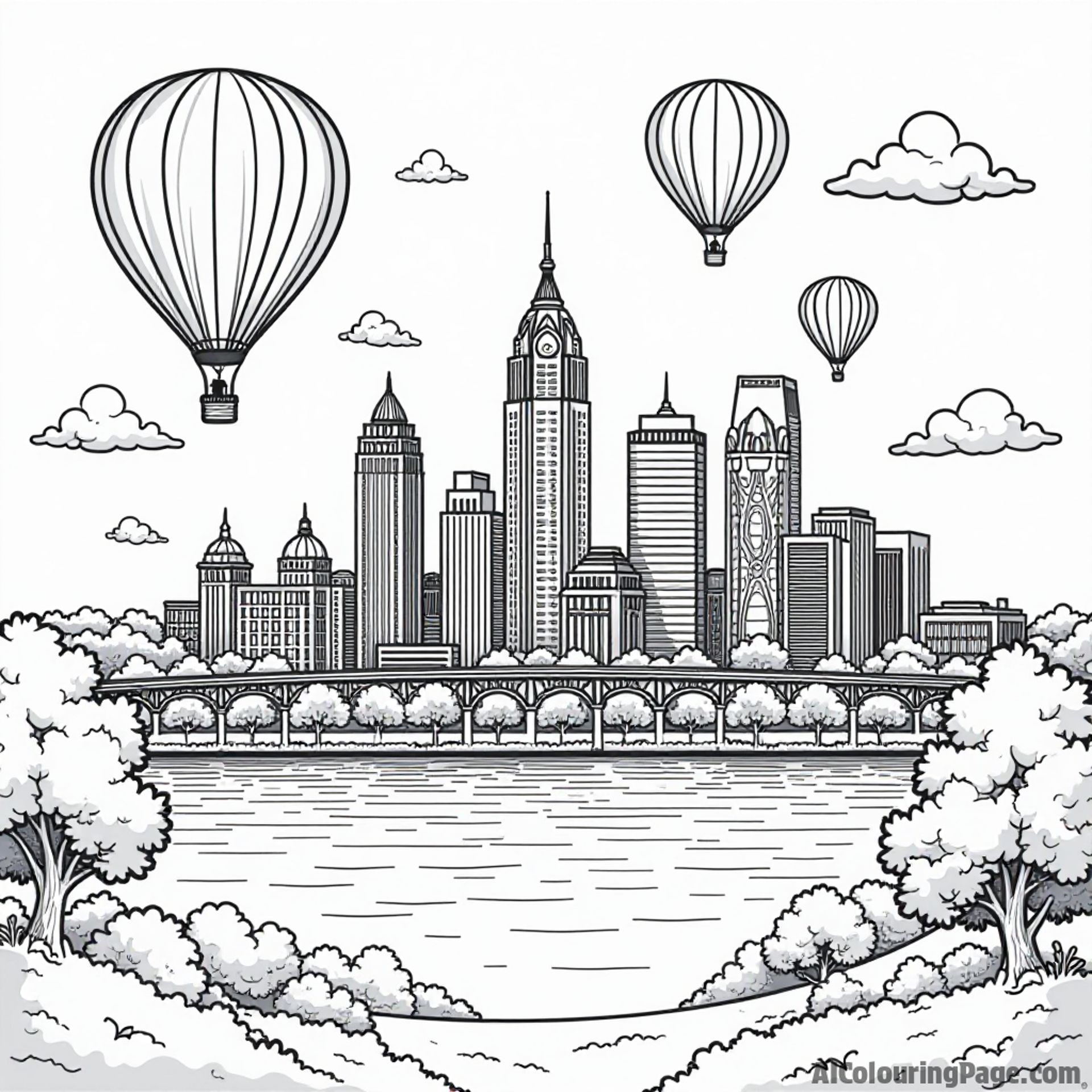 A scenic view of the Indianapolis skyline with hot air balloons floating, featuring trees and clouds, perfect for coloring fun.