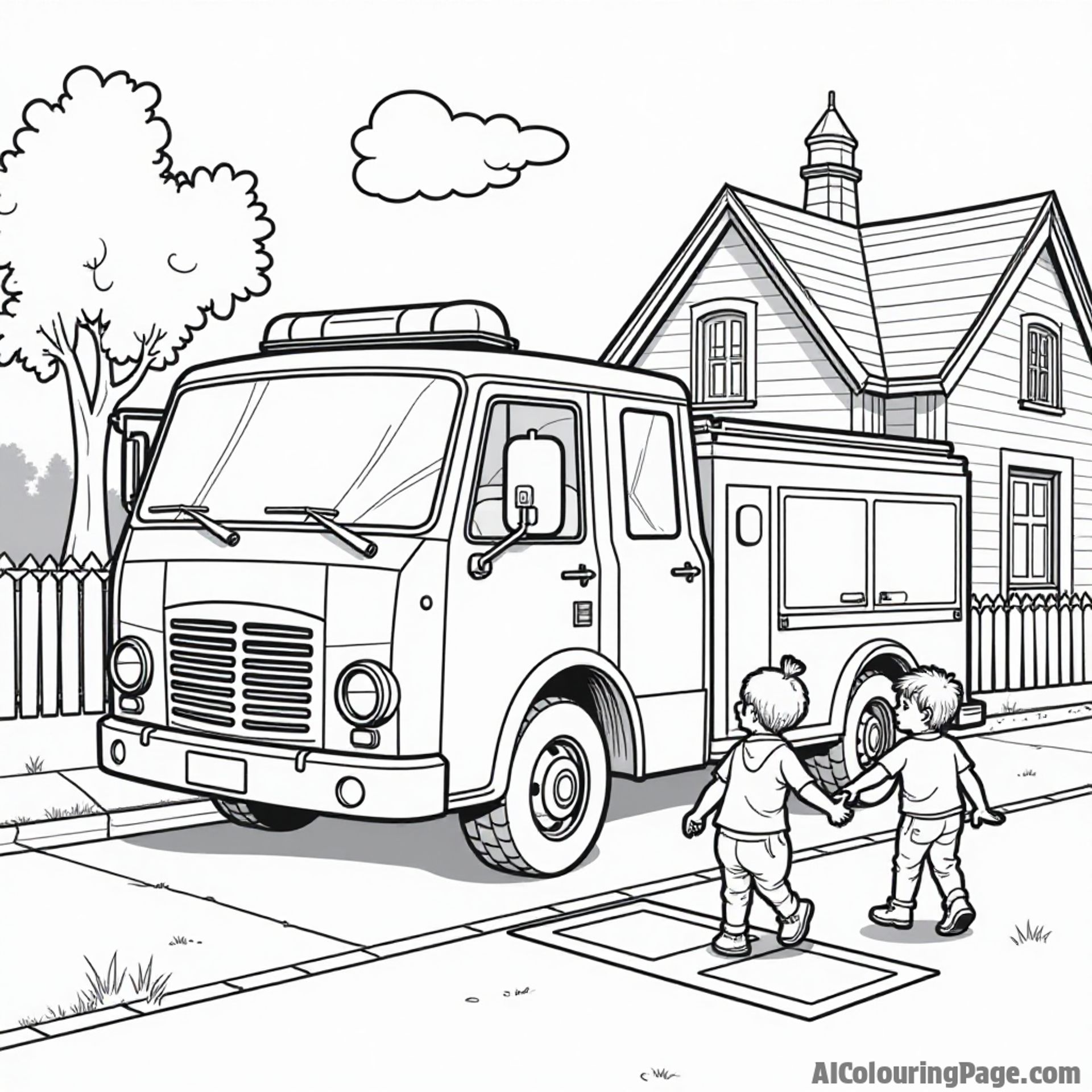 A fire truck parked outside a school with kids playing hopscotch on the sidewalk, depicted in a fun and engaging black and white coloring page.