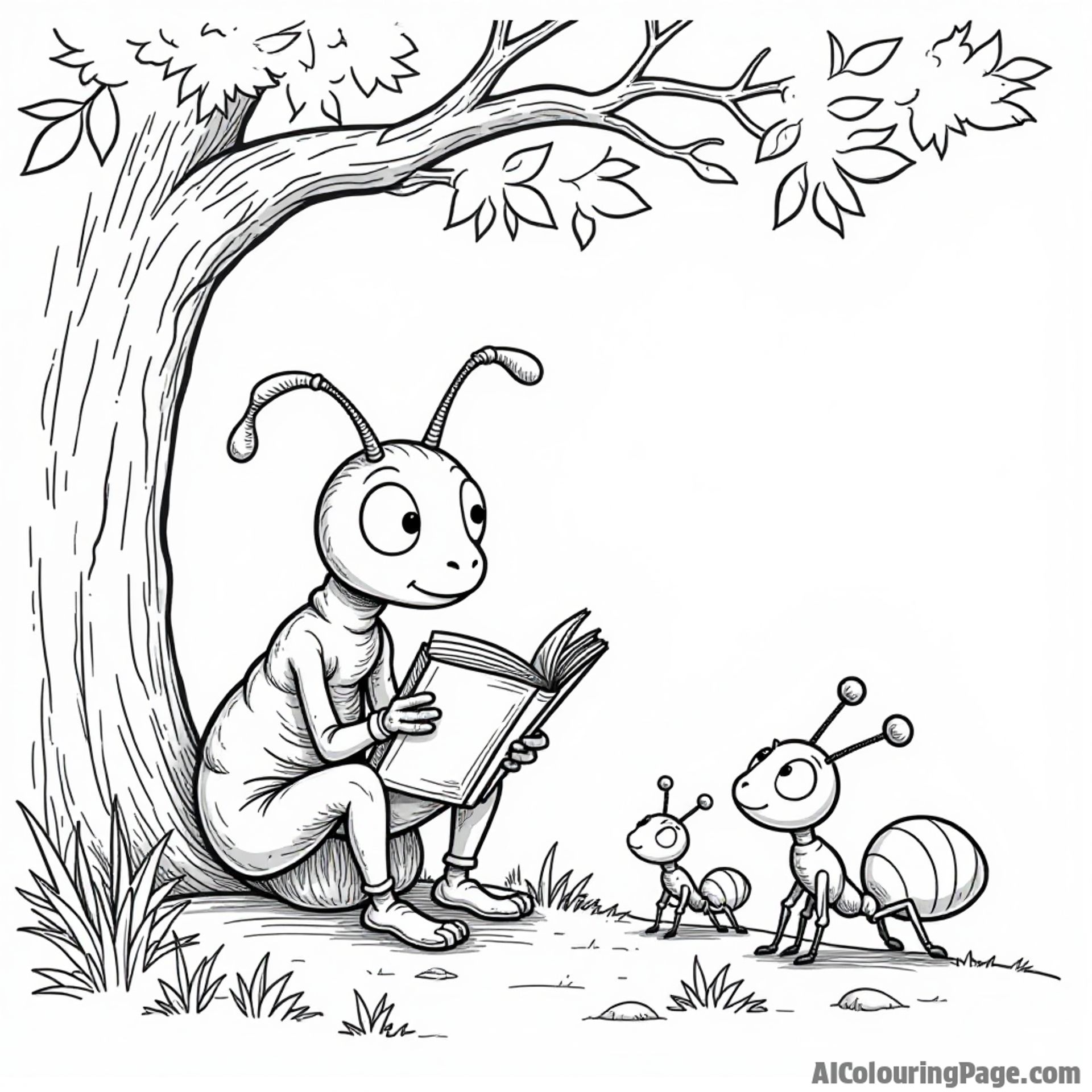 A wise old ant reading a book under a tree, with little ants gathered around, sparking imagination for kids.