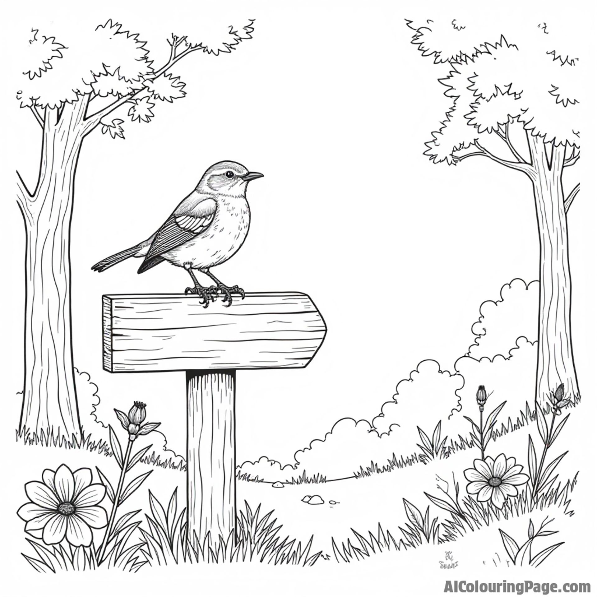 A robin standing on a wooden signpost that points to various nature trails, with trees and flowers creating a backdrop.