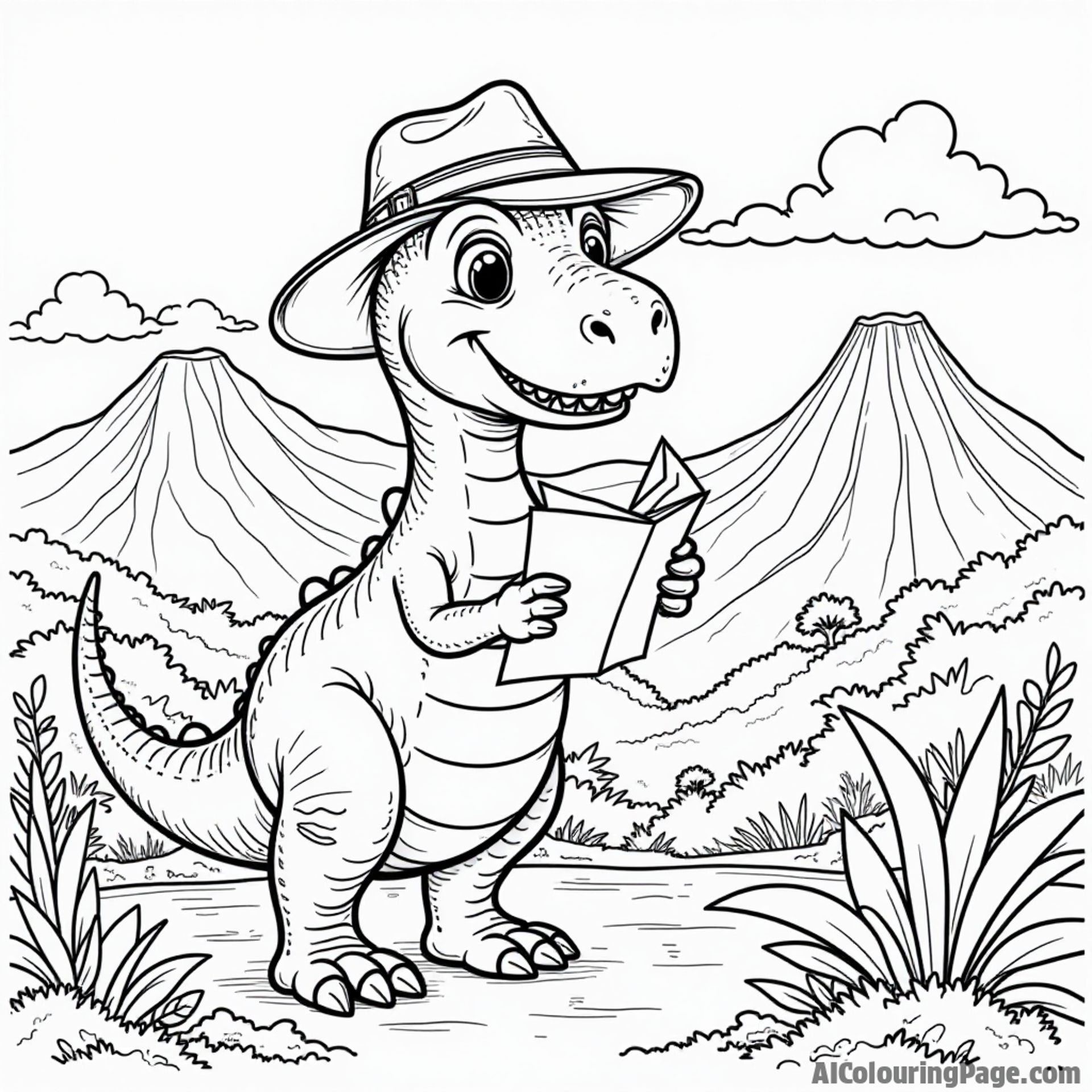 A friendly dinosaur wearing an explorer hat, holding a map and looking at volcanoes in the distance, surrounded by lush greenery for a prehistoric adventure coloring page.