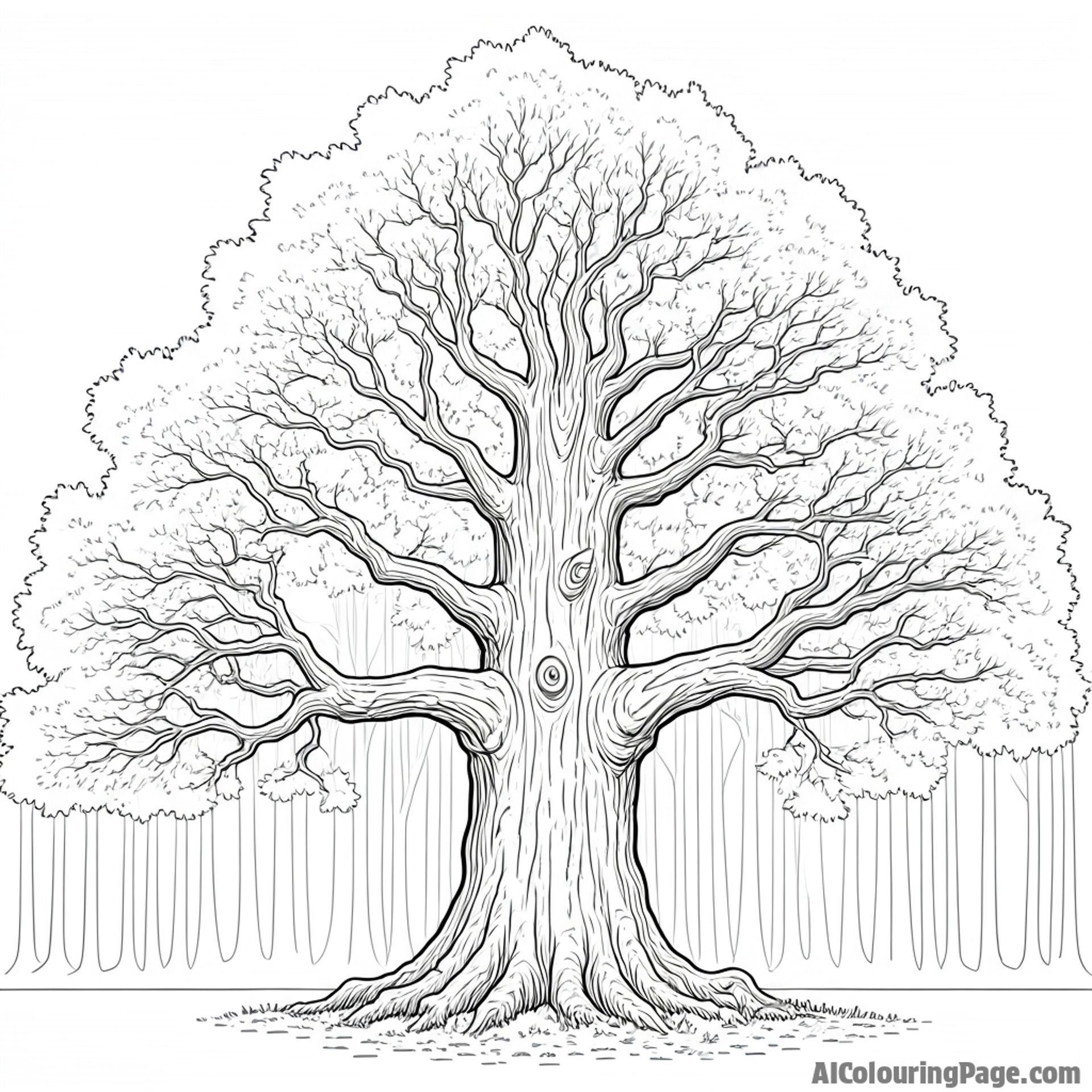 Ancient oak tree standing guard over the forest, gnarled branches, timeless wisdom, silent observer.