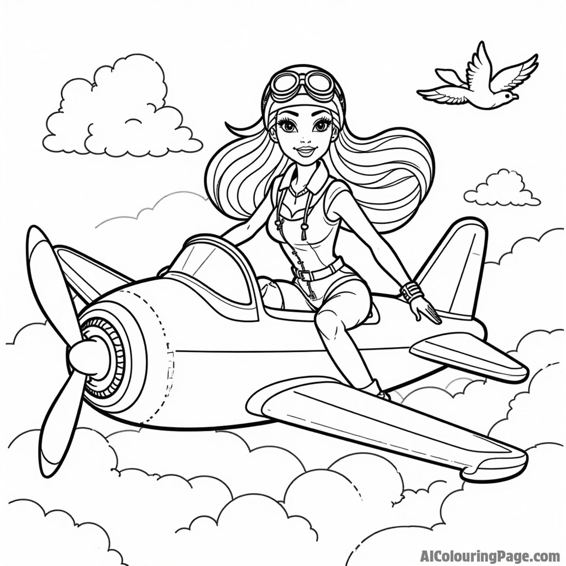 Barbie as a pilot flying an airplane, with clouds and birds around her, wearing a cool aviator outfit.