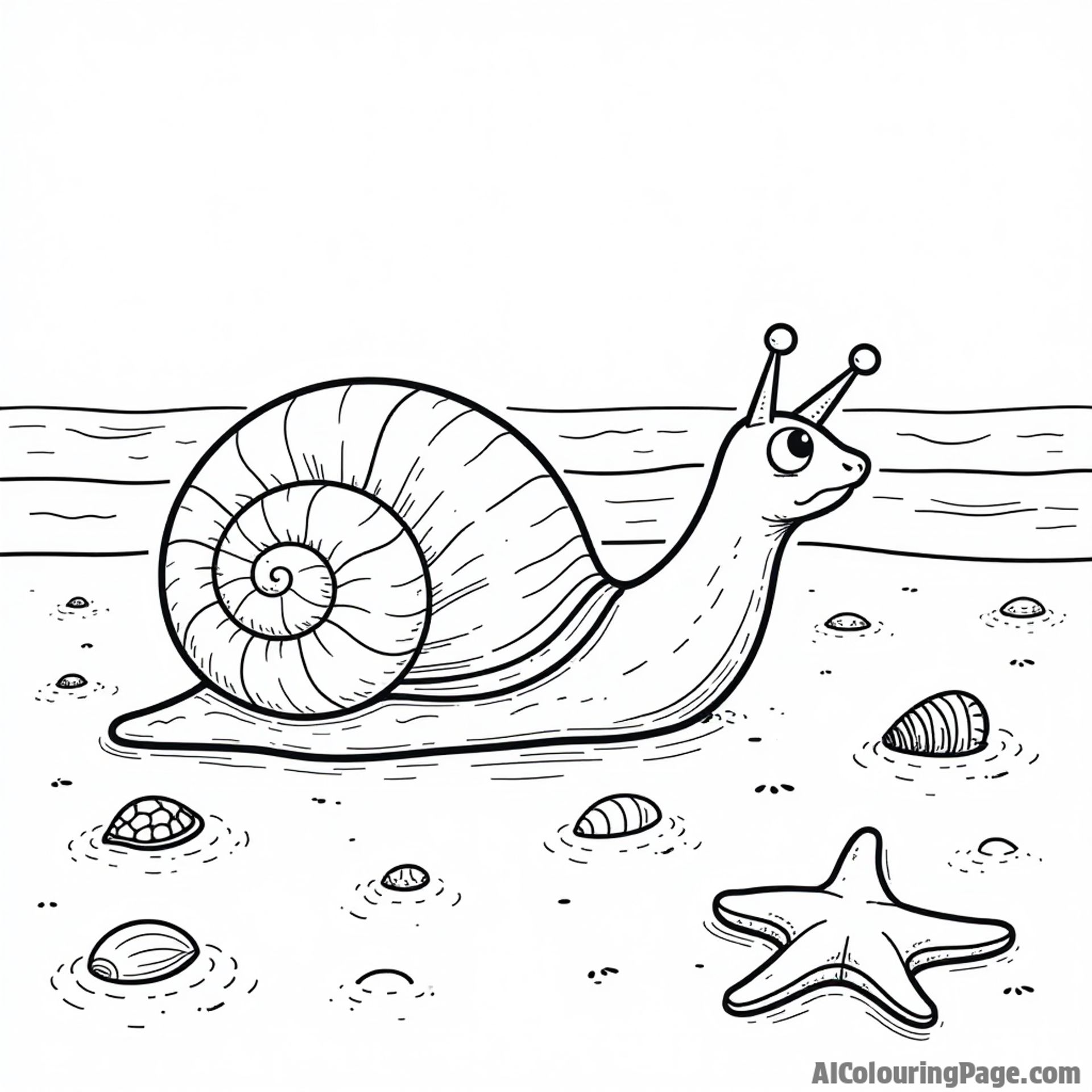 A snail exploring a sandy beach, with seashells scattered around and a starfish lounging in the sun for children.