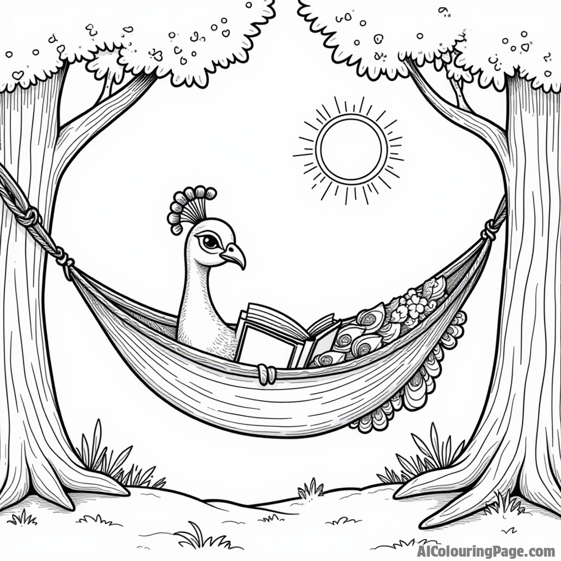 A peacock relaxing in a hammock between two trees, reading a book with a warm sun shining down on it