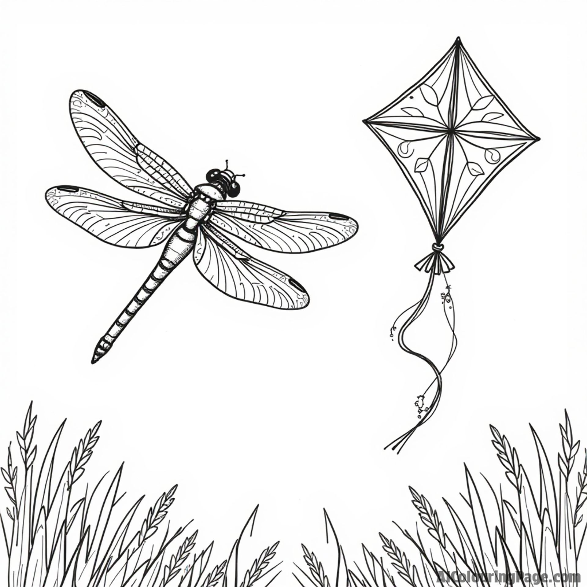 A dragonfly flying near a colorful kite soaring in the sky on a bright sunny day filled with laughter.