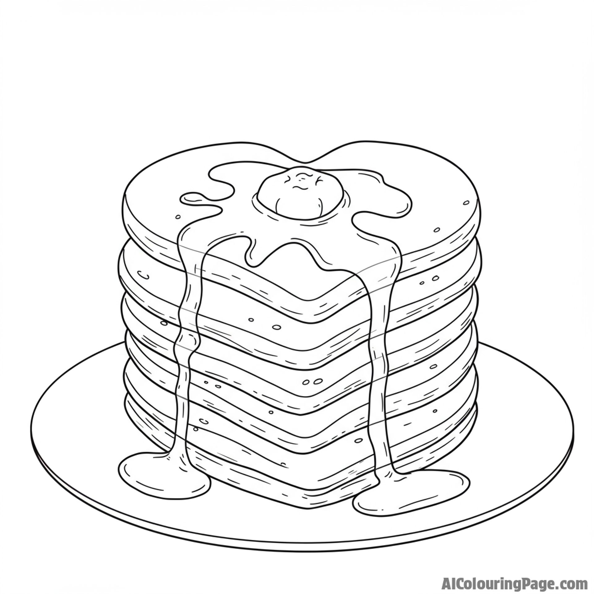 A stack of pancakes shaped like hearts, drizzled with syrup.