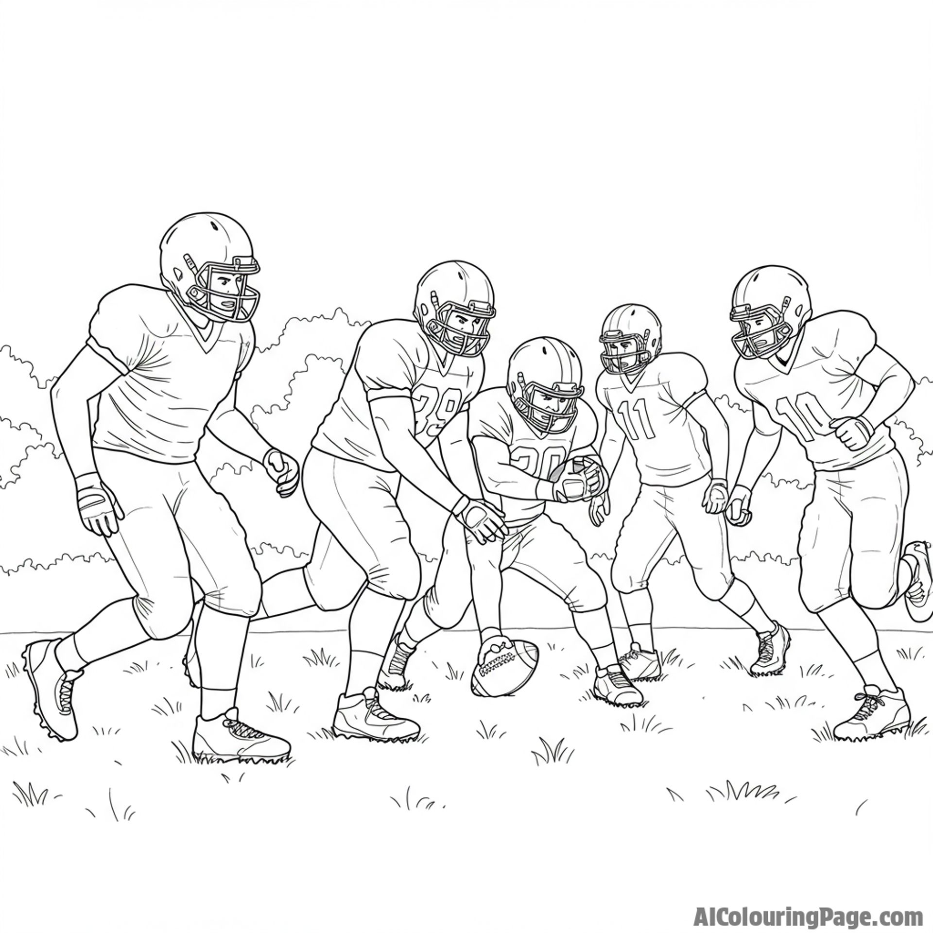 A football team practicing hard on a grassy field, with determined faces.
