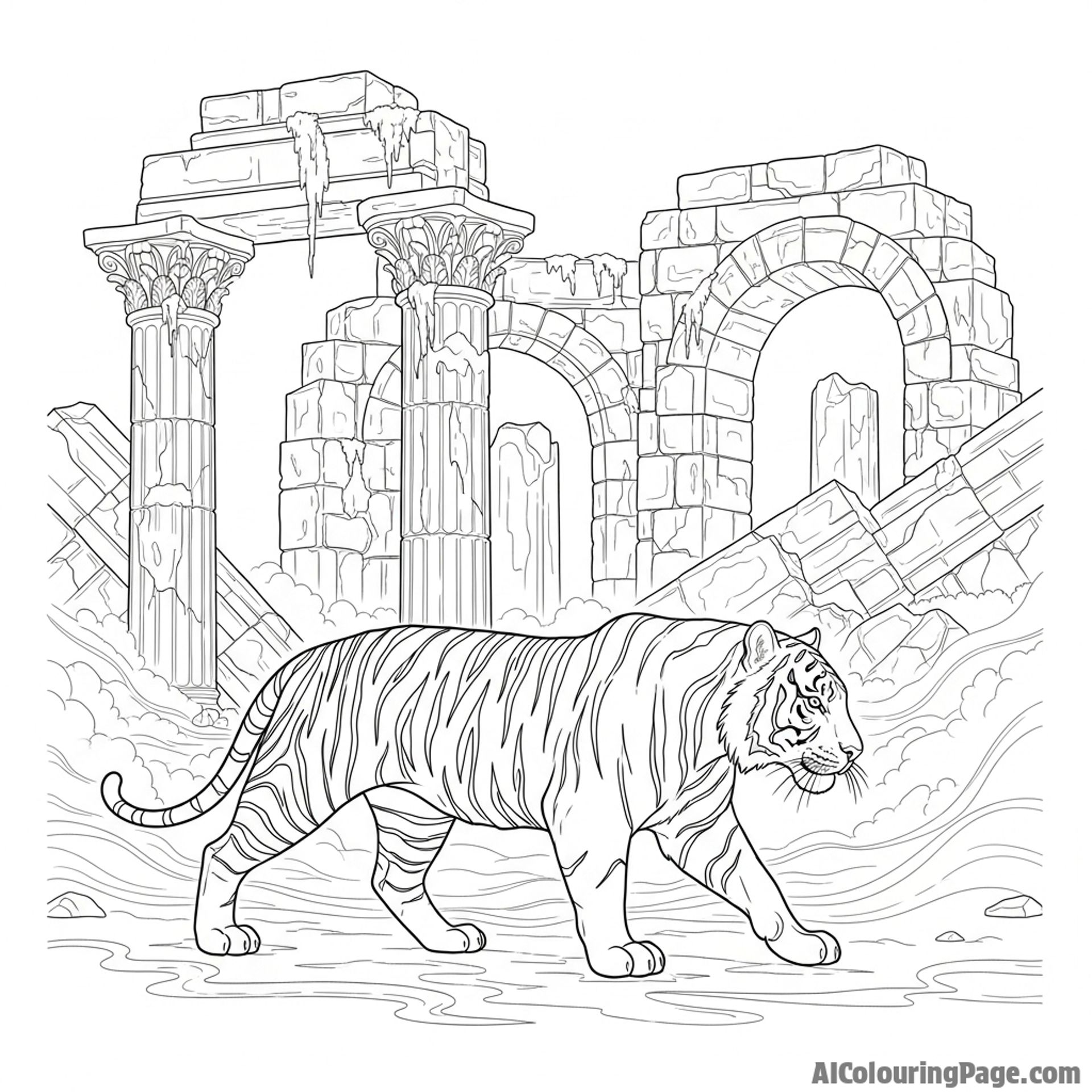 A solitary tiger walking through a misty, ancient temple ruin.
