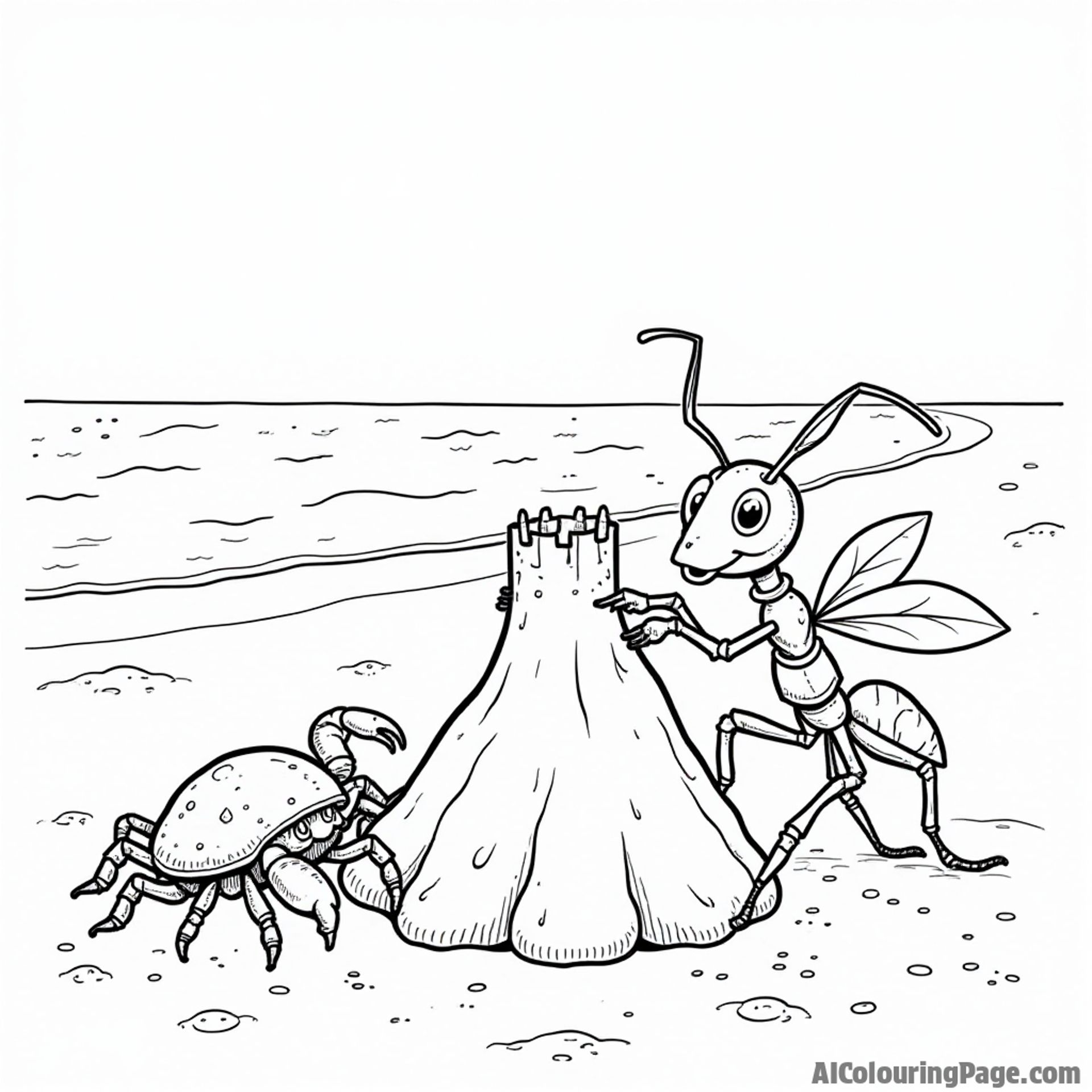 An ant building a sandcastle on the beach with a crab nearby, inspiring imaginative summer coloring for children.