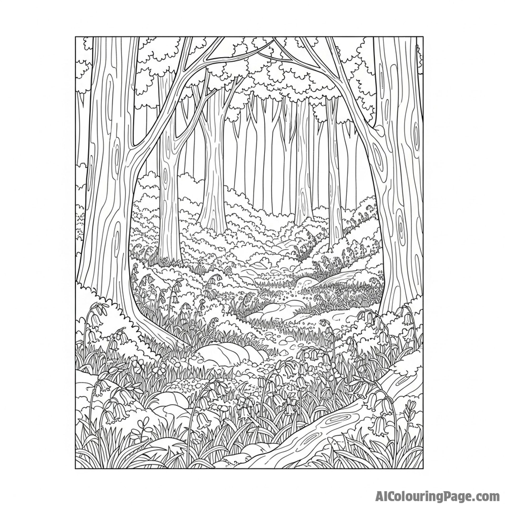 Sea of bluebells in a forest, magical atmosphere.