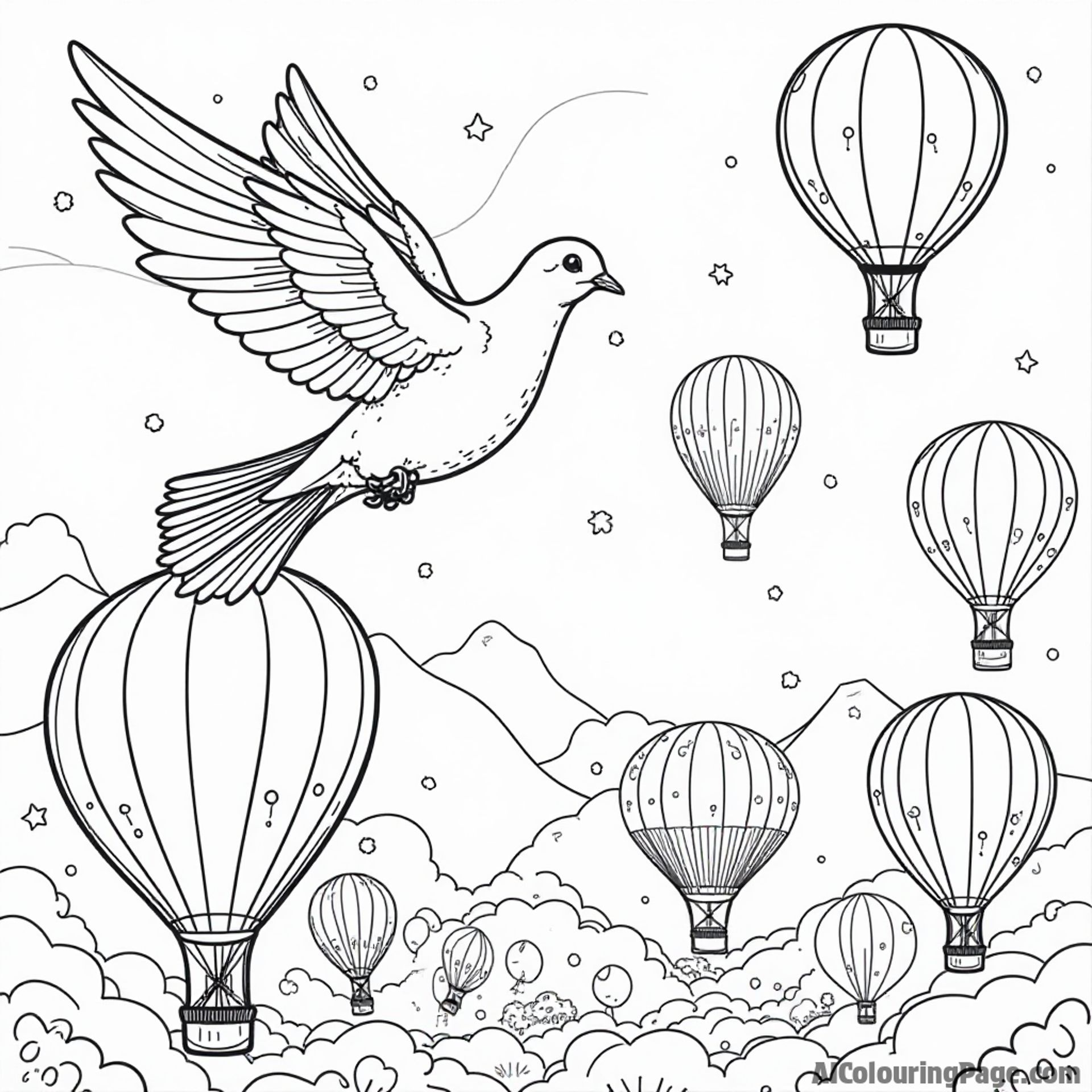 A dove soaring over a colorful hot air balloon festival, with balloons of different shapes and sizes for kids to color.