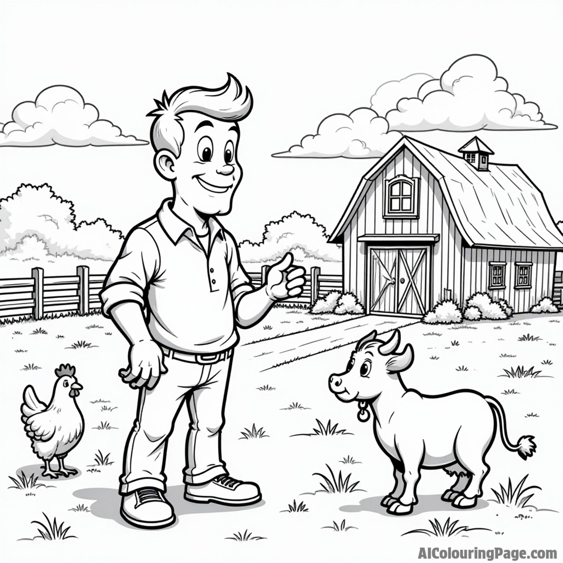 Johnny Bravo visiting a farm with cows, chickens, and a big red barn