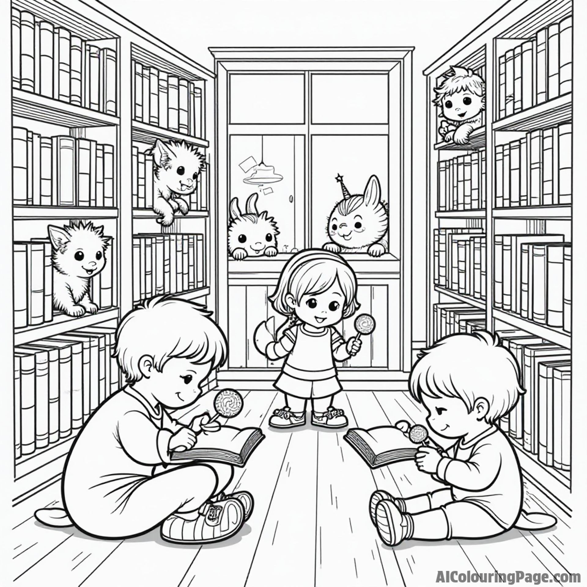 A cozy library filled with children reading books, holding lollipops, and magical creatures peeking from the shelves in delight