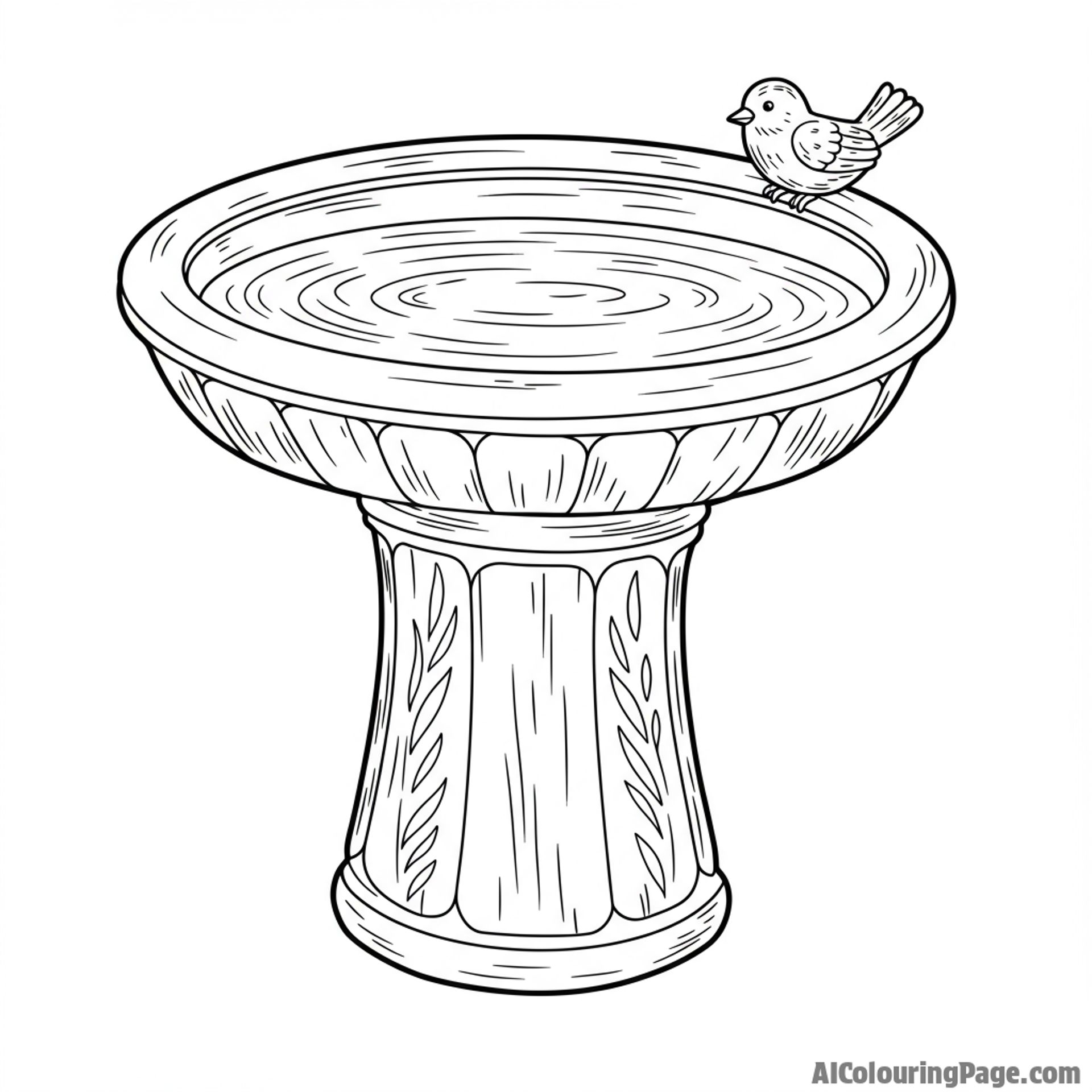 A decorative bird bath filled with fresh water.
