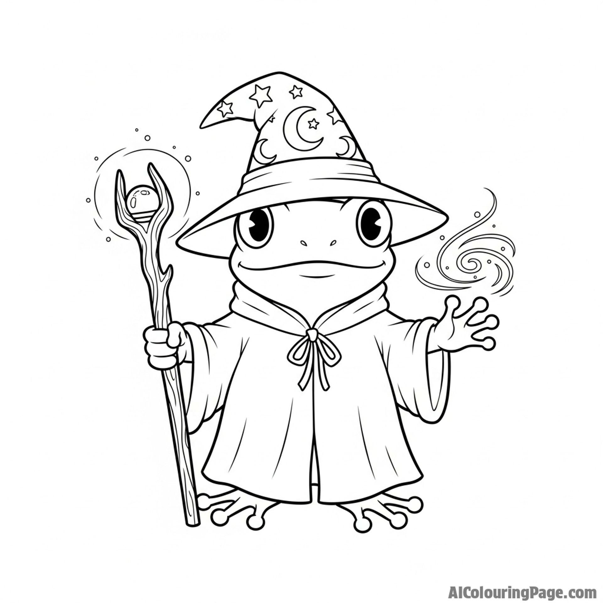 A frog wizard casting a spell with a glowing staff made of a twig.