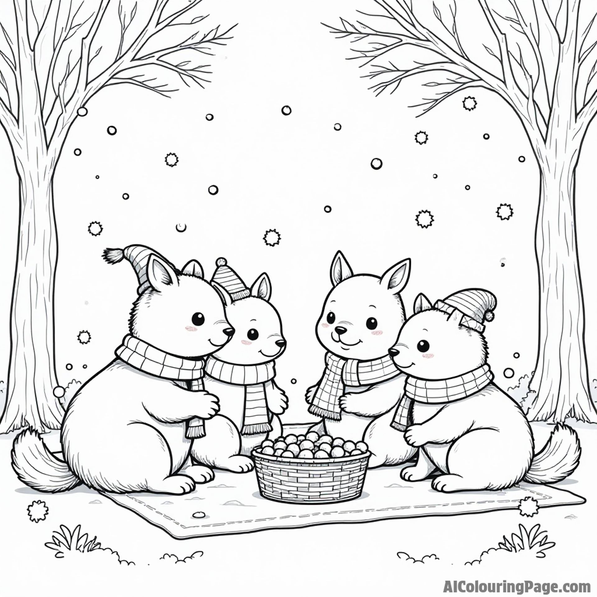 A group of animals wearing scarves and hats having a winter picnic amidst snow-covered trees and falling snowflakes.