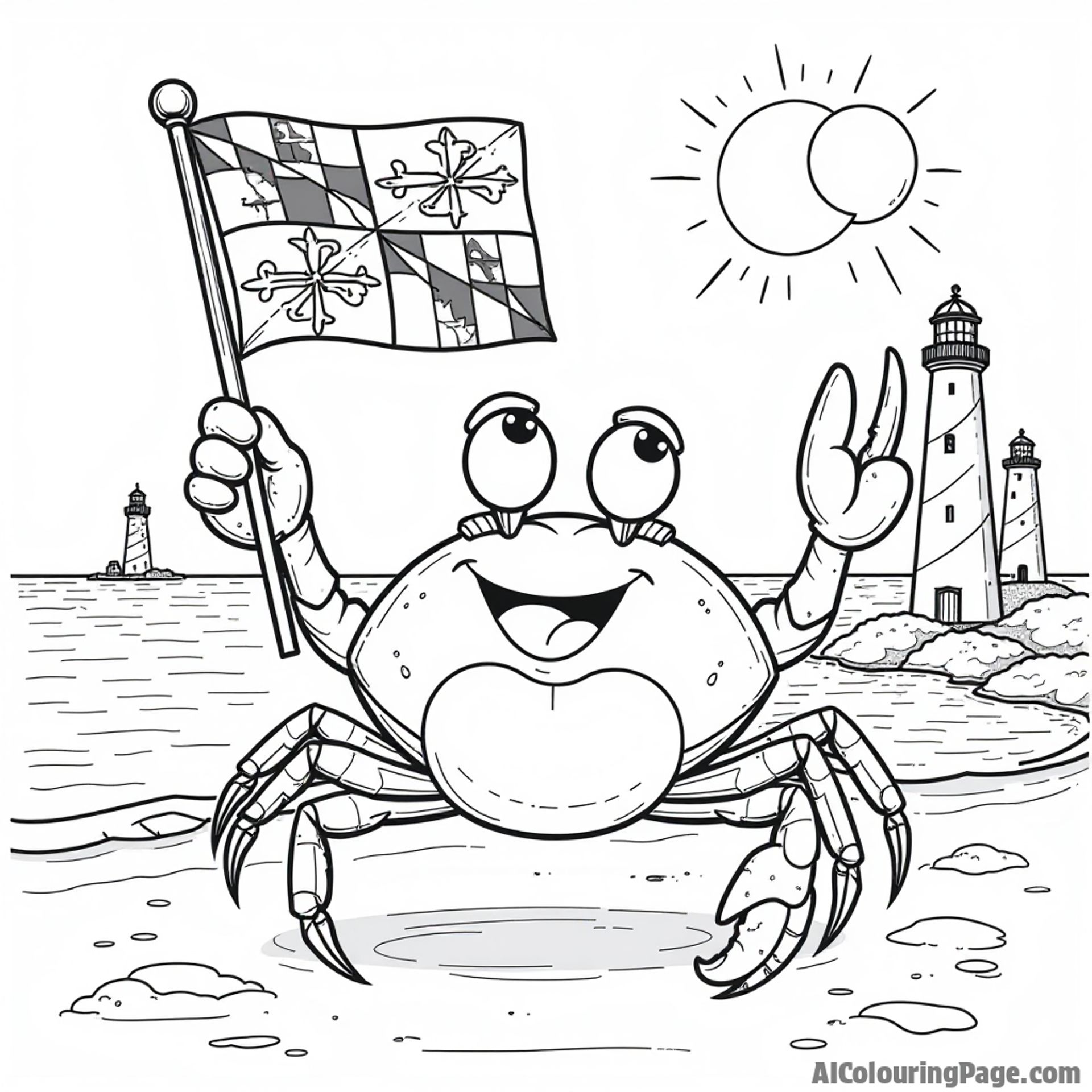 A cheerful crab waving with a Maryland flag, surrounded by iconic lighthouses, under a bright sun in a coastal scene.