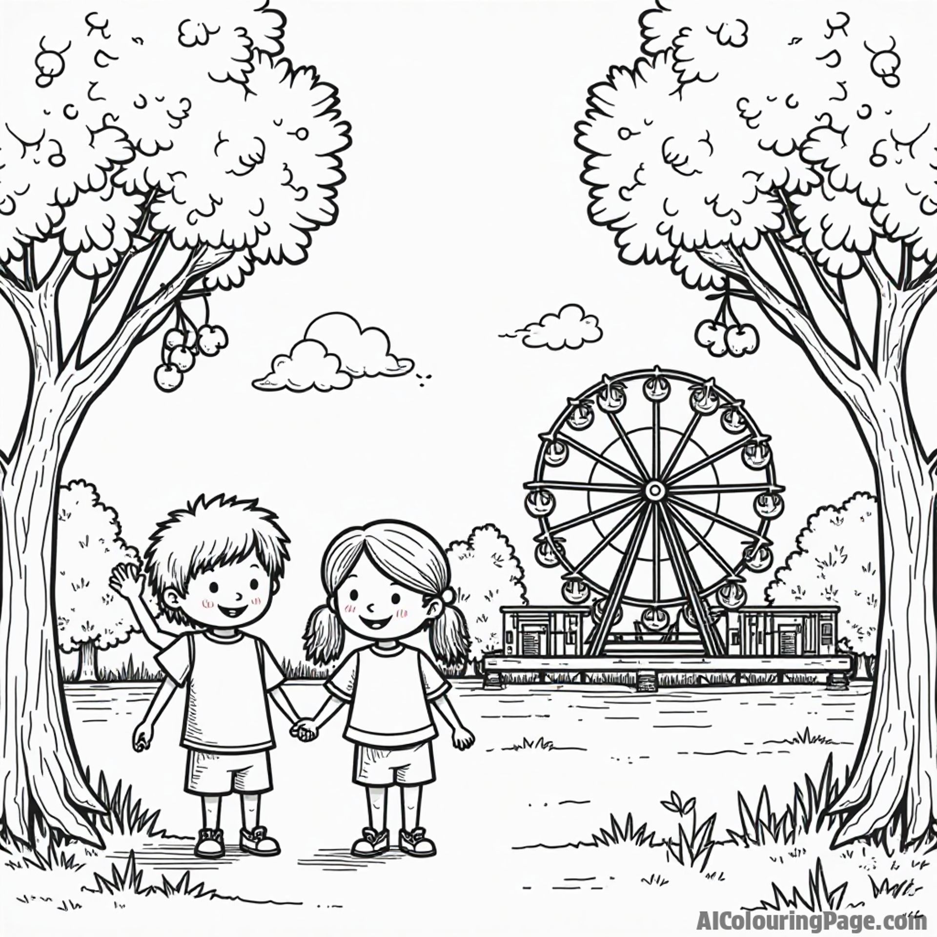 A whimsical scene of a Michigan cherry festival with cherry trees, a ferris wheel, and smiling children for coloring fun.
