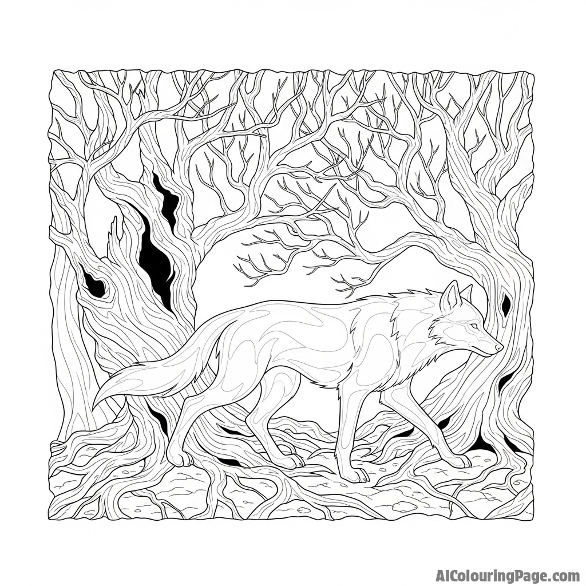 A spectral, translucent wolf spirit weaving between ancient, gnarled trees.