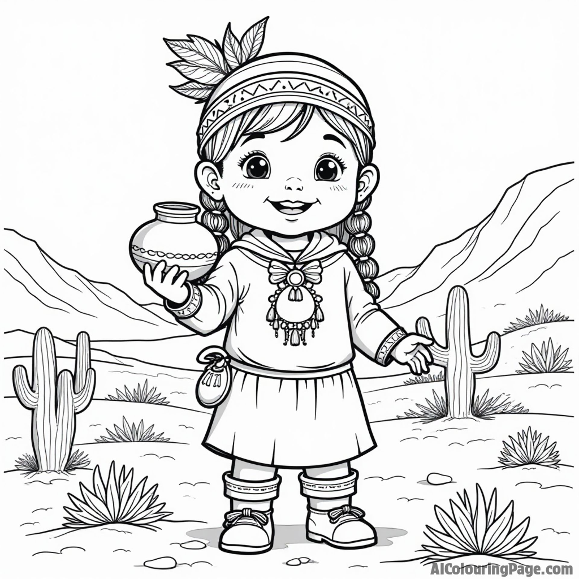 A cheerful Pueblo Indian child dressed in traditional attire, holding a pottery piece, with a desert backdrop in New Mexico.