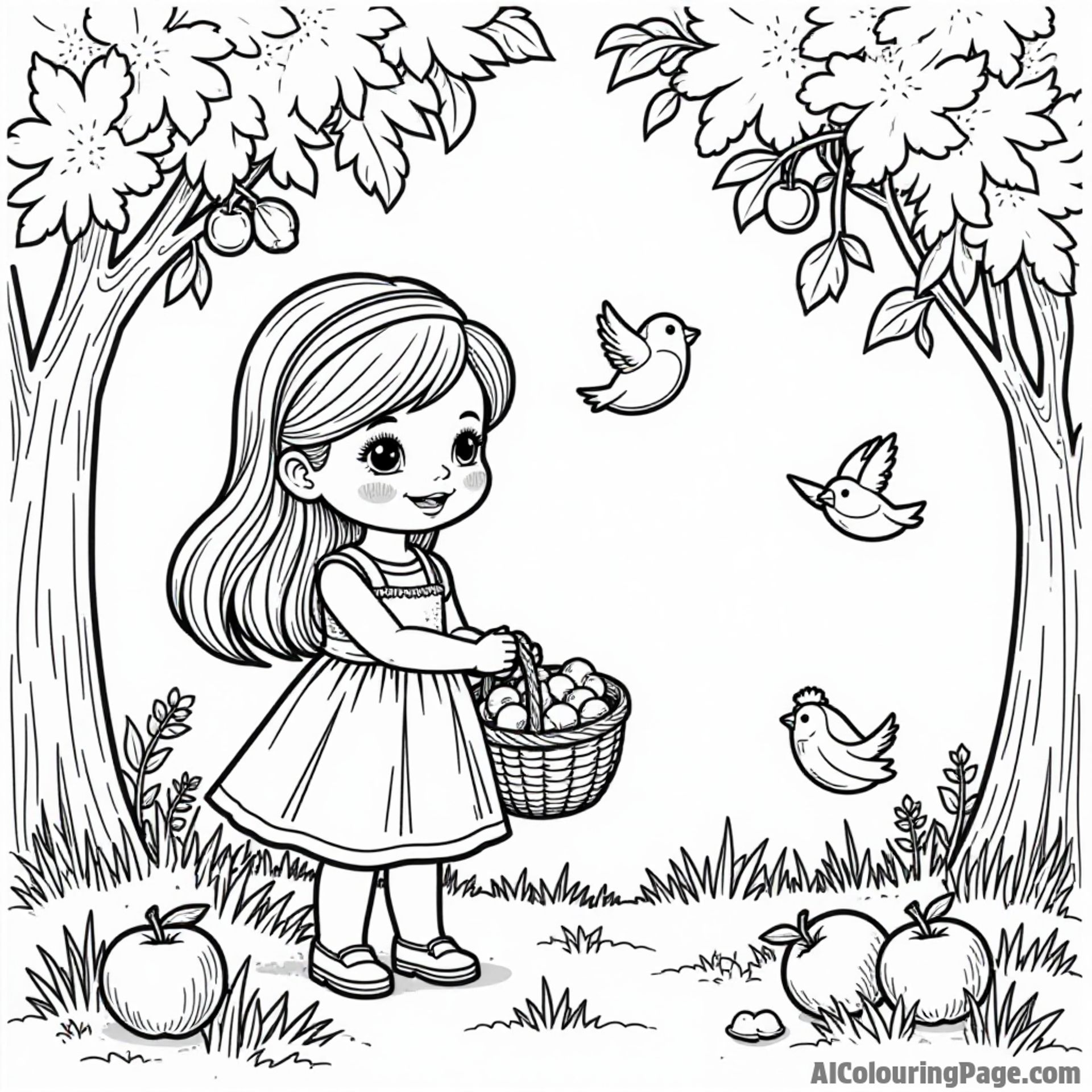 A doll in a nature scene, picking fruits from trees, with baskets full of colorful fruits and birds singing happily.