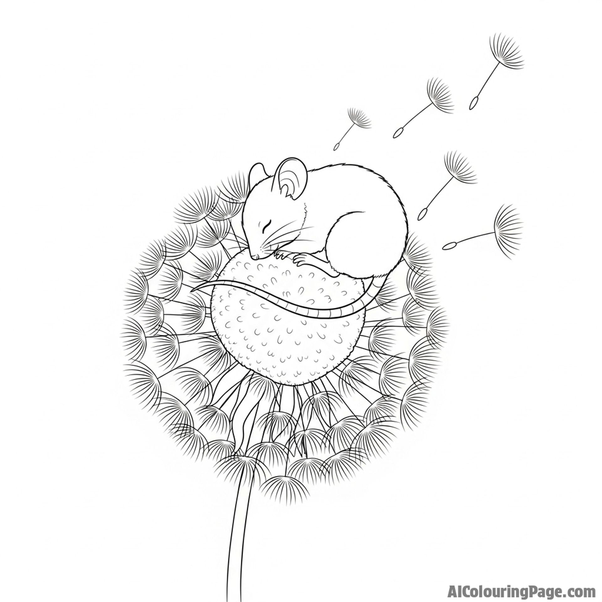 A mouse curled up asleep on a soft, fluffy dandelion head that has gone to seed.