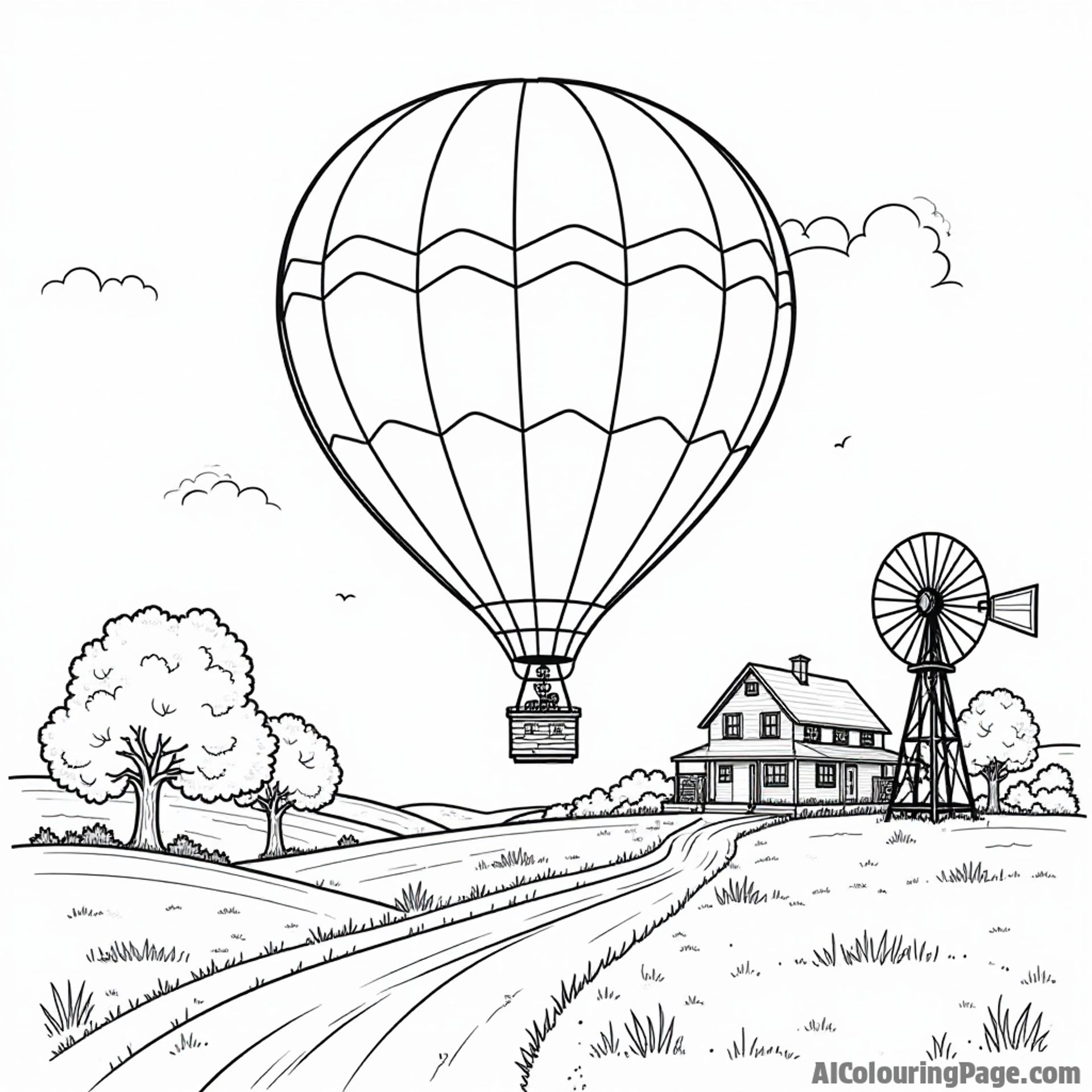 A vibrant hot air balloon floating over the Kentucky countryside with a charming farmhouse and a windmill nearby.