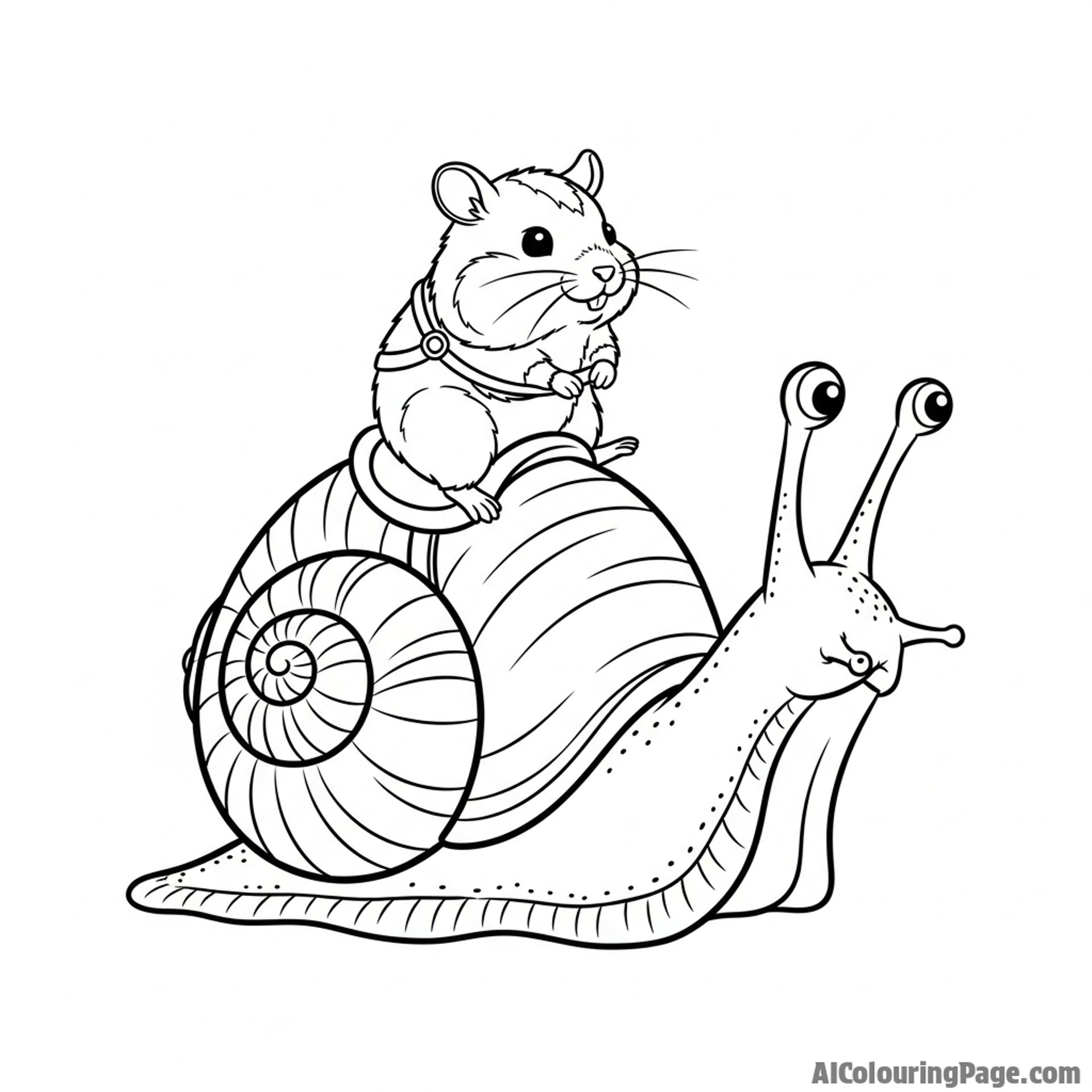 A fantasy scene of a hamster riding on the back of a large snail