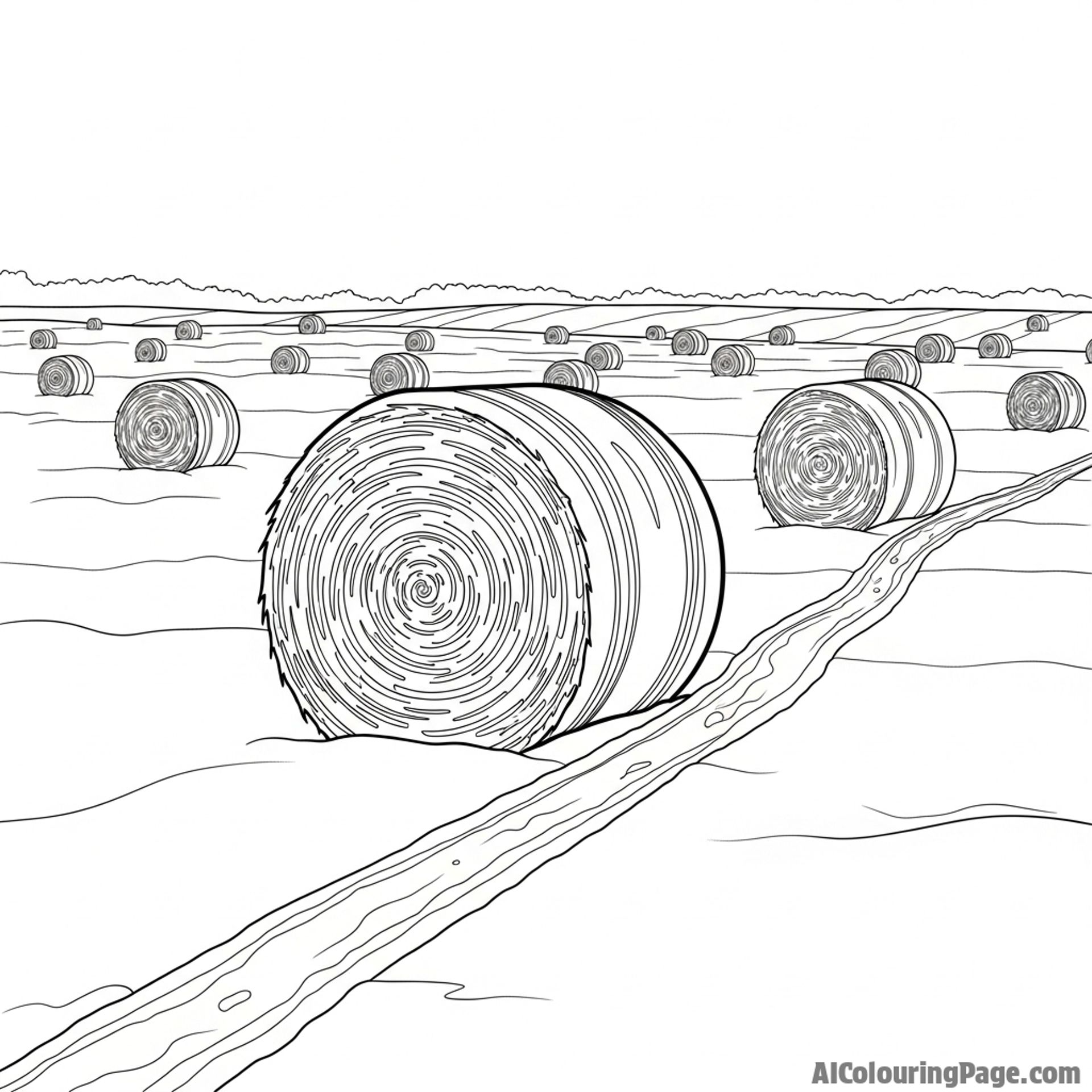 Snowy field dotted with hay bales, tire tracks visible in the snow.