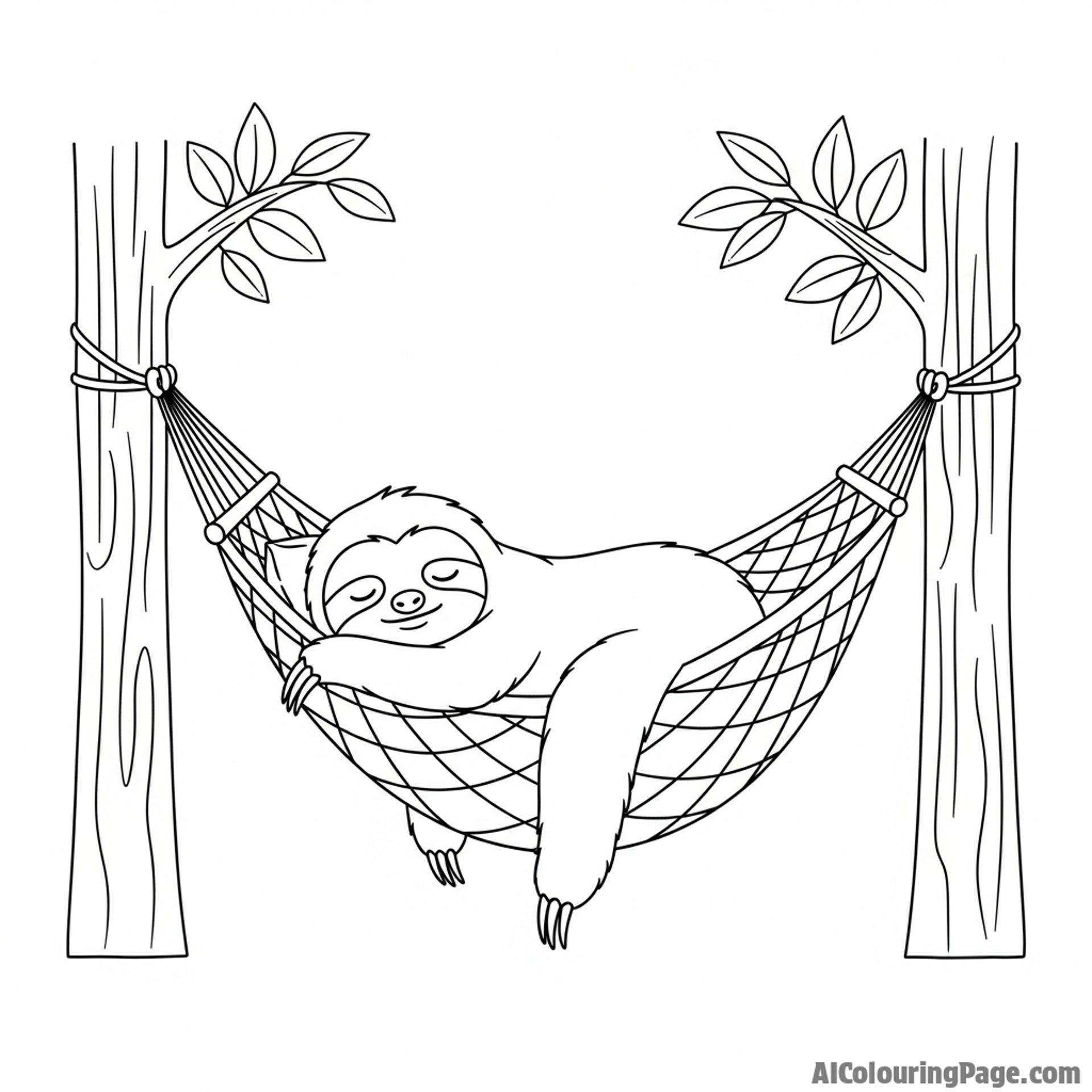A sloth sleeping peacefully in a woven hammock strung between two trees.