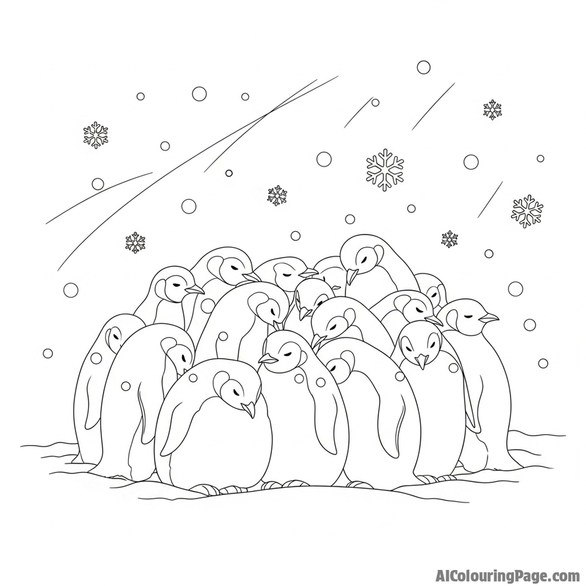 A group of penguins huddled together for warmth during a blizzard