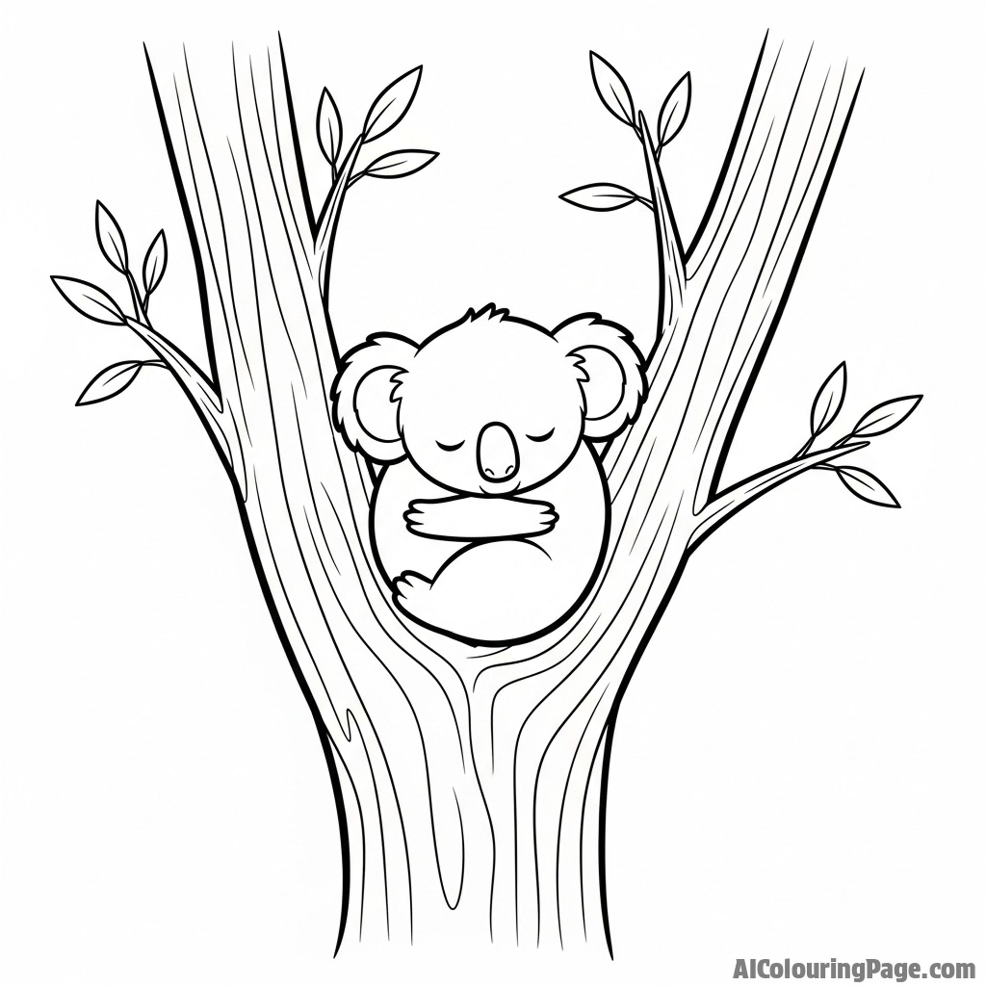 A koala curled into a perfect ball, sleeping in the fork of a tree.