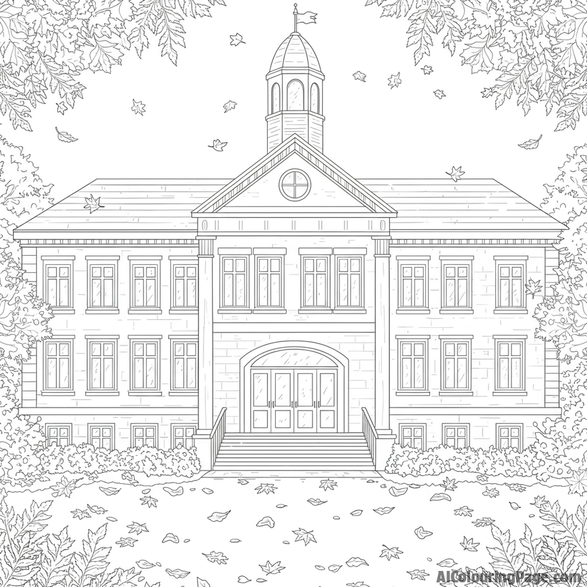 The exterior of a grand school building, surrounded by autumn leaves.