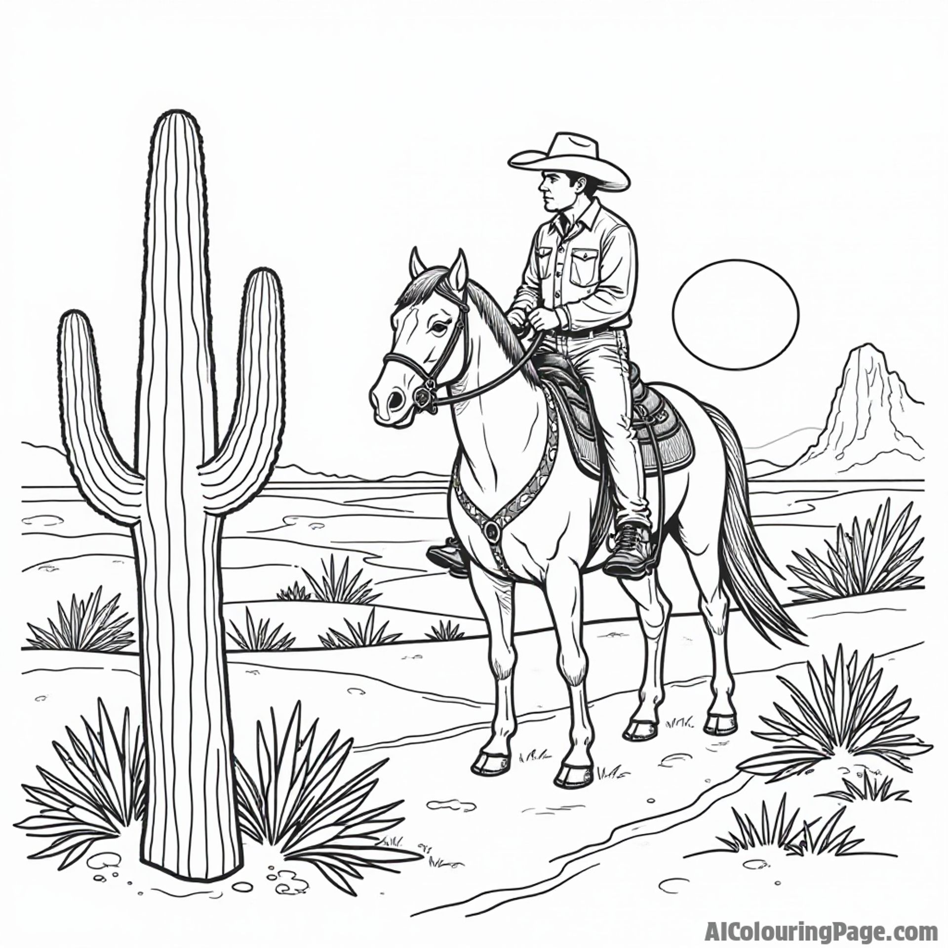 A desert landscape with a cactus, a cowboy riding a horse, and a sunset in the background, United States of America coloring pages