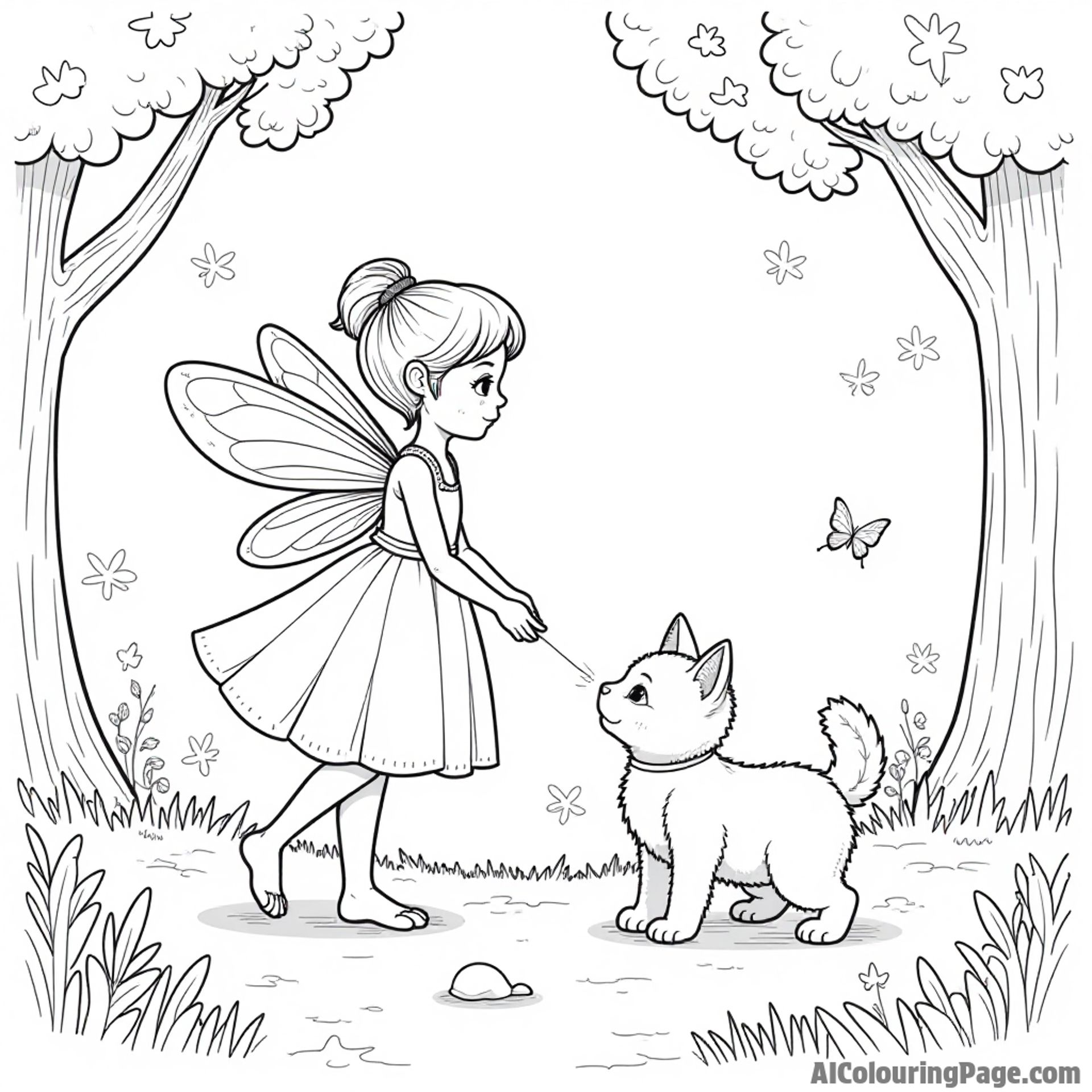 A fairy with sparkling wings helping a lost kitten find its way home in a magical forest
