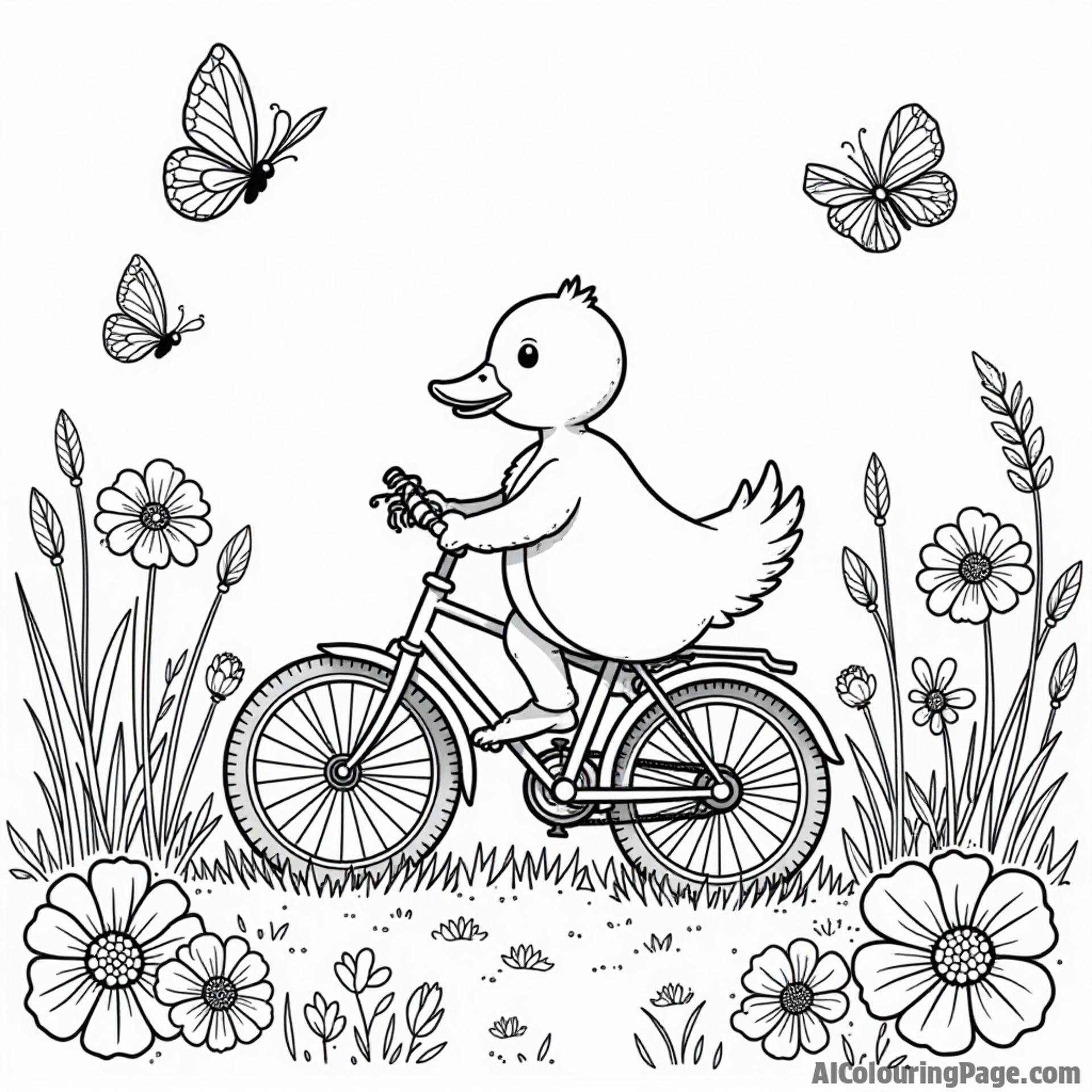 A duck riding a bicycle through a flower-filled meadow with butterflies and bees buzzing around happily.