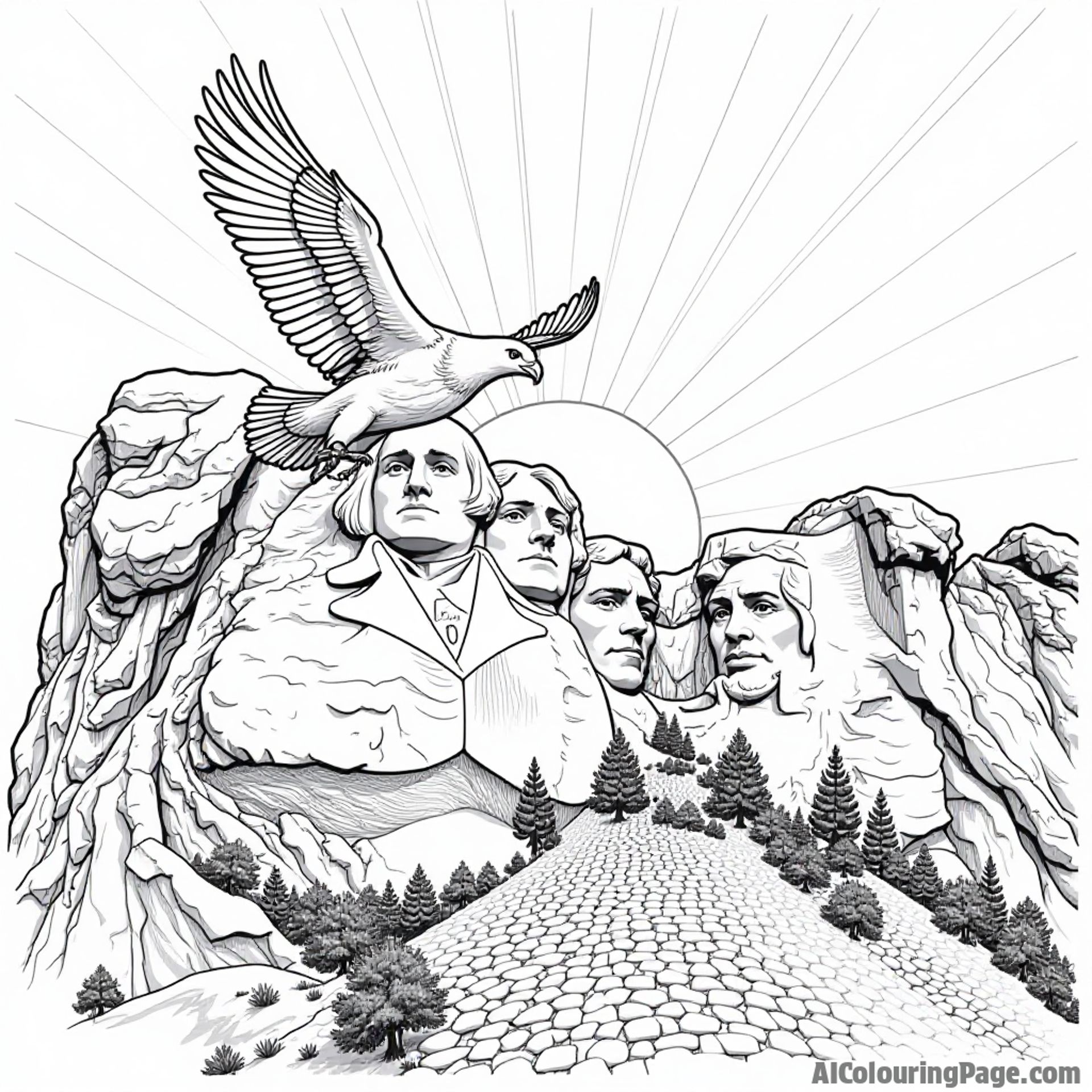 A majestic bald eagle soaring over Mount Rushmore with sun rays shining down, symbolizing American freedom and history.