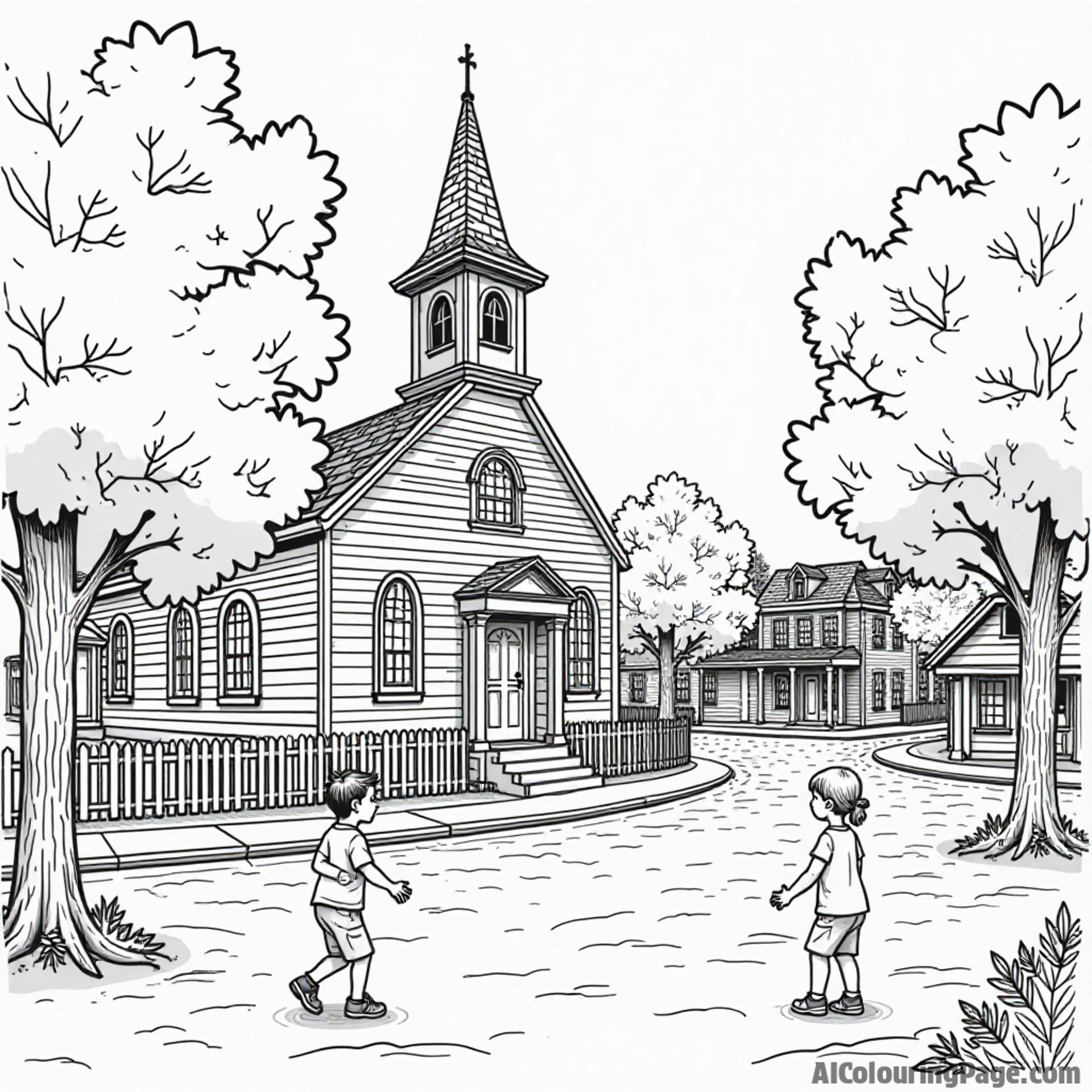 A charming New England town square with a historic church, autumn trees, and children playing, perfect for a coloring adventure.
