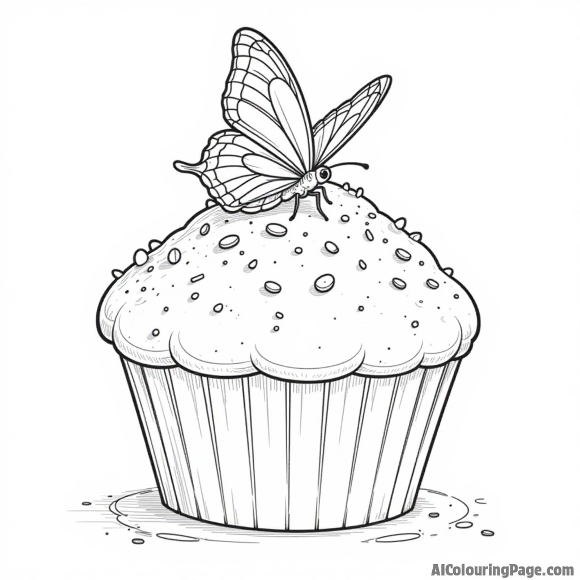 A butterfly resting on a giant cupcake with sprinkles, inviting children to color a delicious dessert scene.