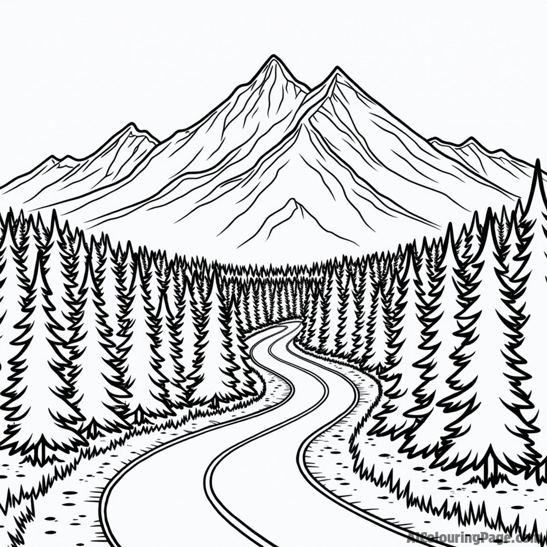 A winding mountain road cutting through a dense forest.