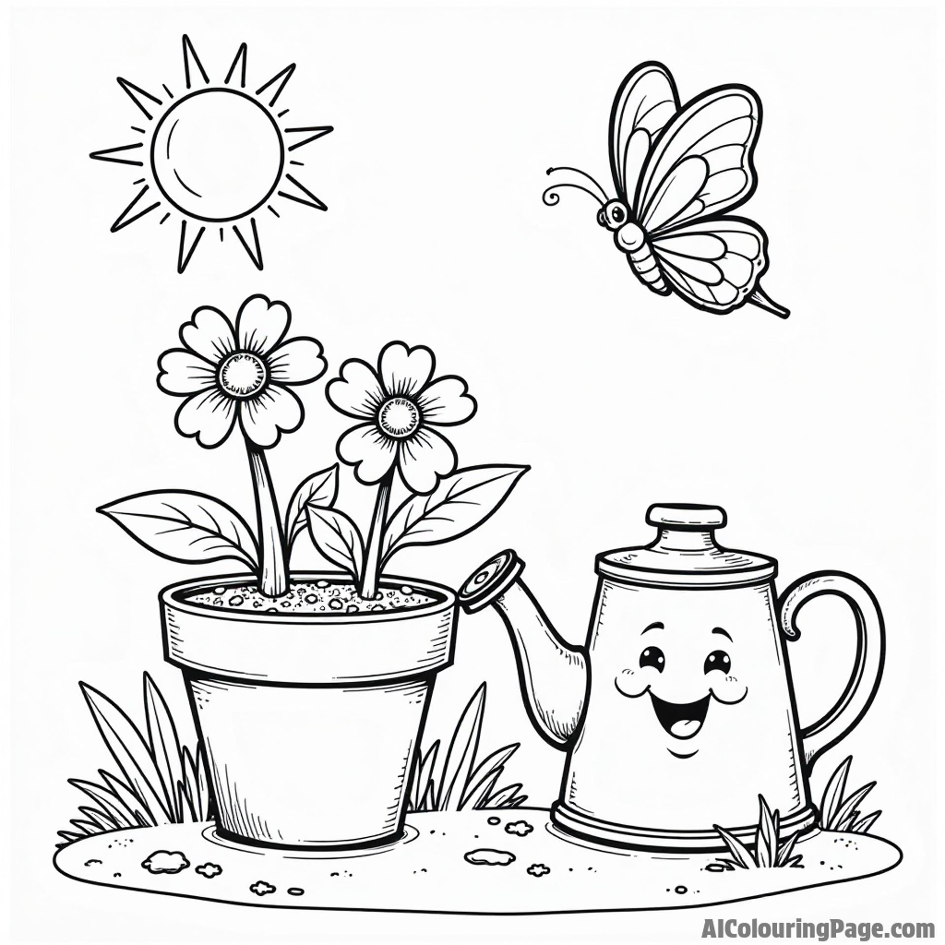 A sunny garden with a smiling flower pot, a joyful watering can, and a playful butterfly fluttering around them.