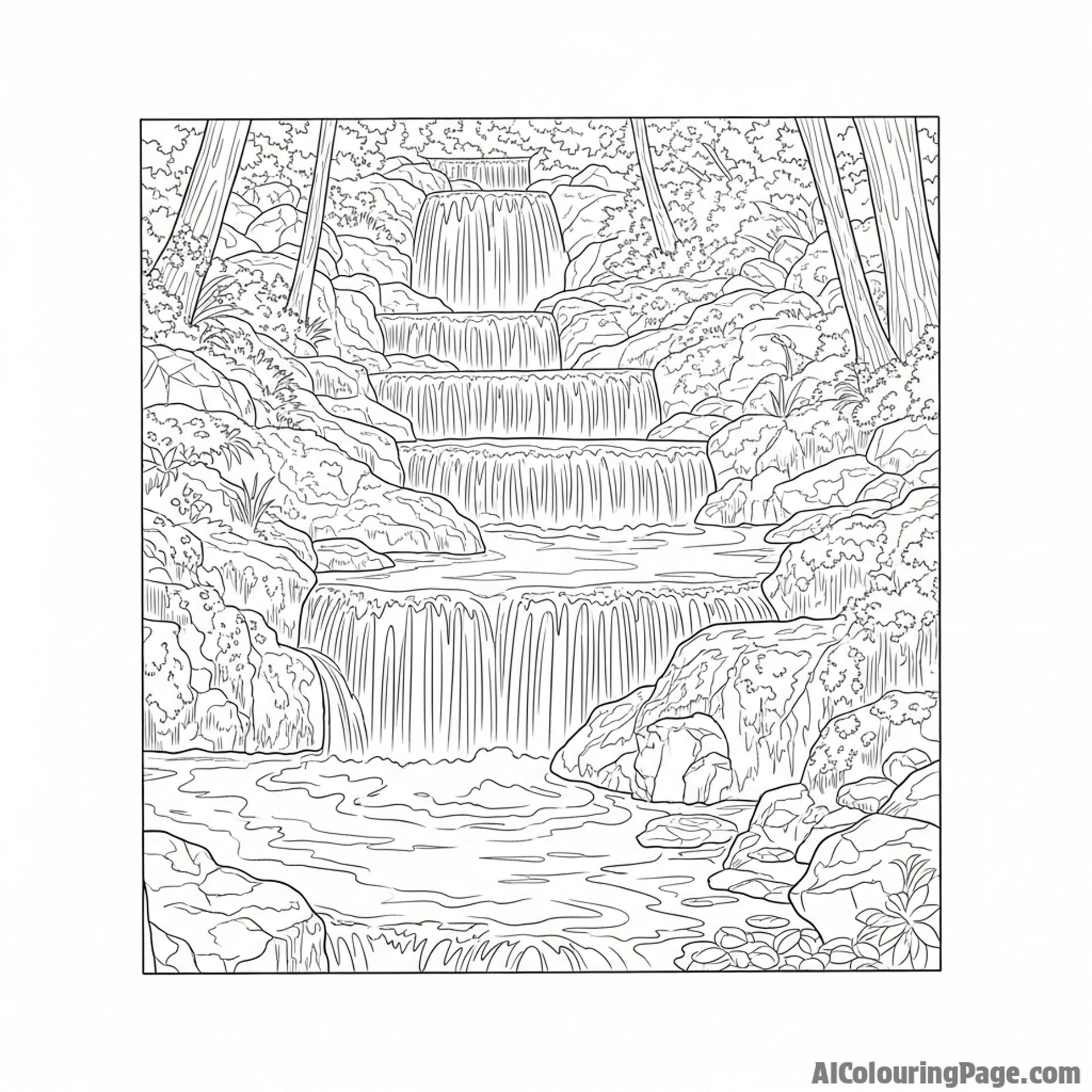 A series of small waterfalls tumbling over mossy rocks in a dense forest.