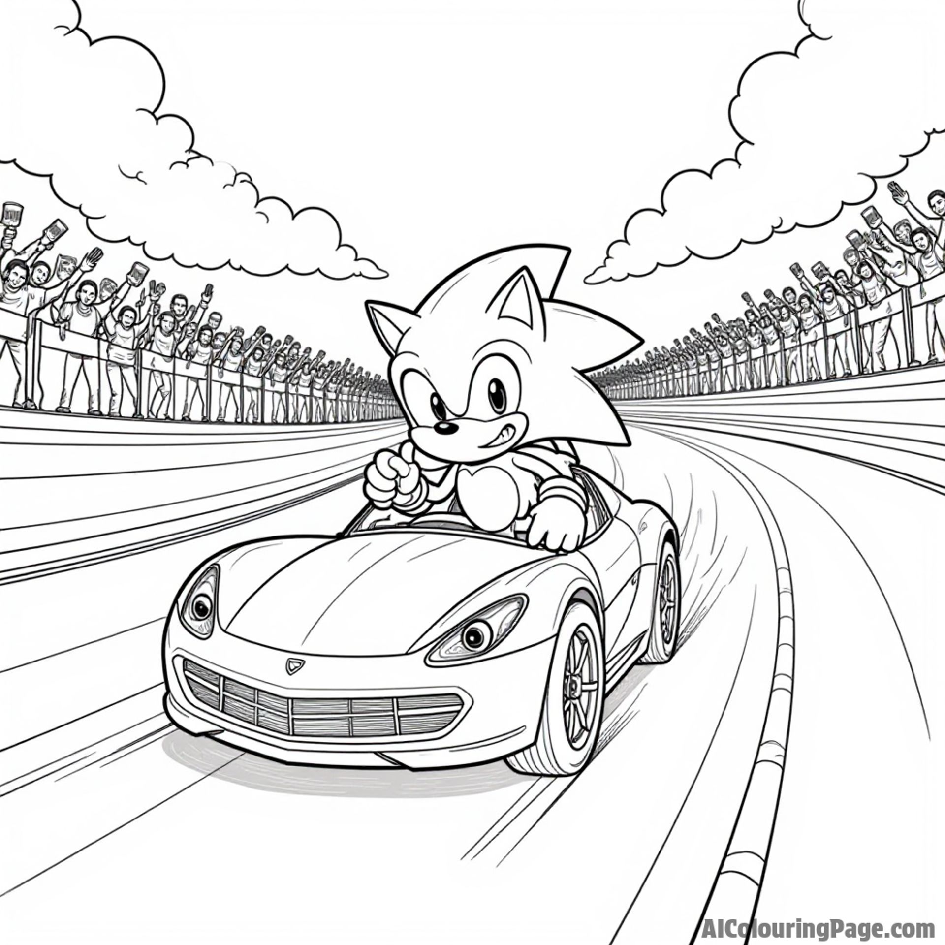 Sonic racing against a speedy car on a winding road, with cheering fans holding banners along the sidelines to color.