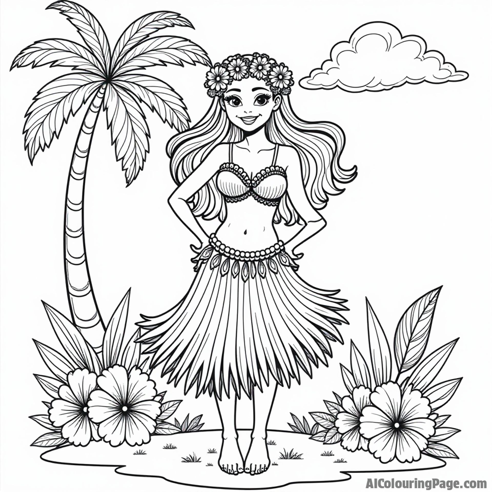 A cheerful Hawaiian hula dancer in a grass skirt, surrounded by tropical flowers and a palm tree, for coloring fun.