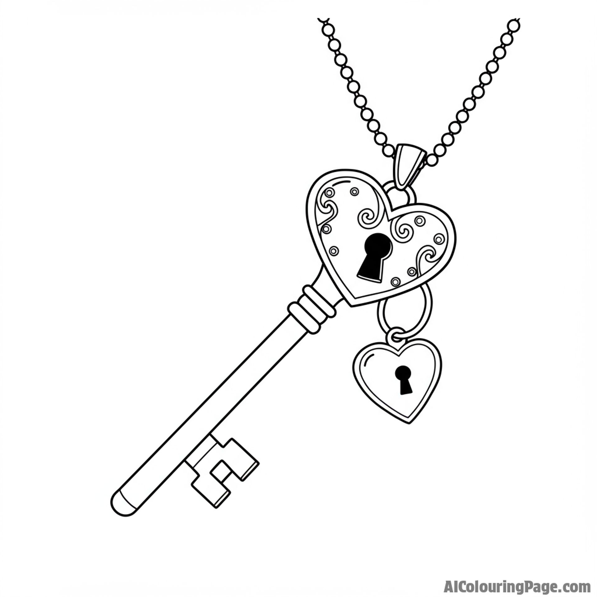 An antique key unlocking a heart-shaped locket.