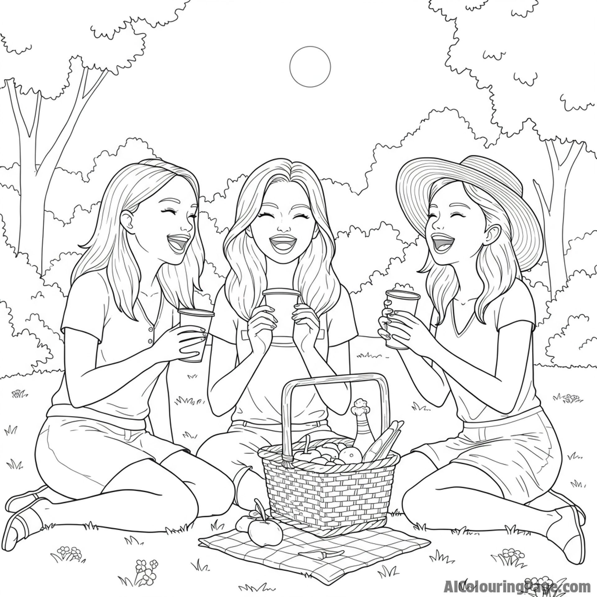 Girlfriends laughing together in a sunlit park, enjoying a picnic basket.