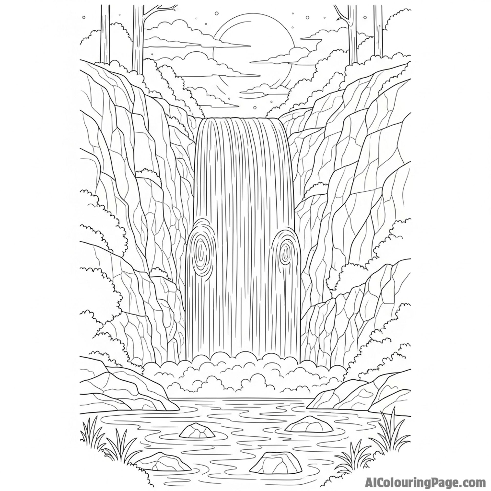 A waterfall illuminated by the moon, creating a mystical atmosphere.