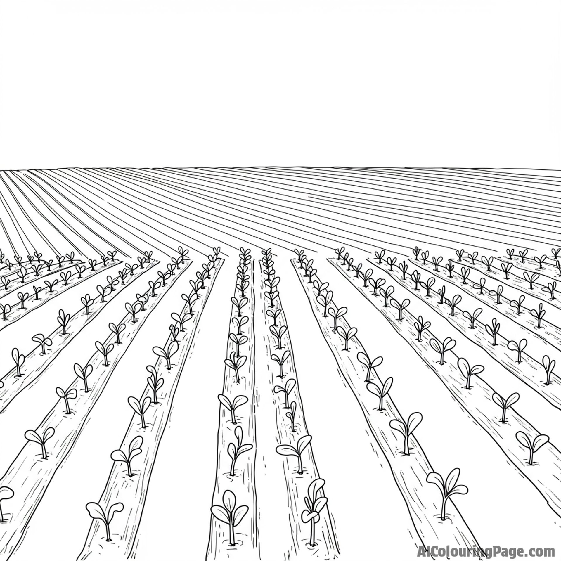 Rows of crops beginning to sprout in neat patterns.